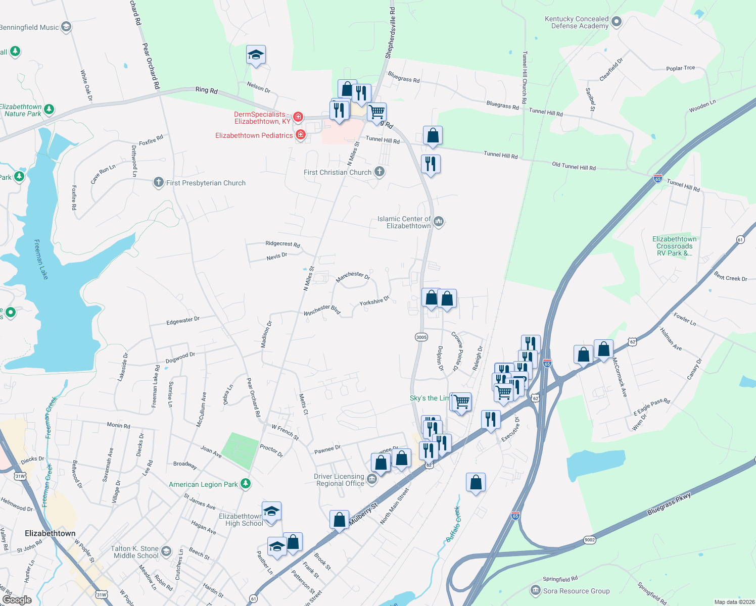 map of restaurants, bars, coffee shops, grocery stores, and more near 1509 Cs-1600 in Elizabethtown