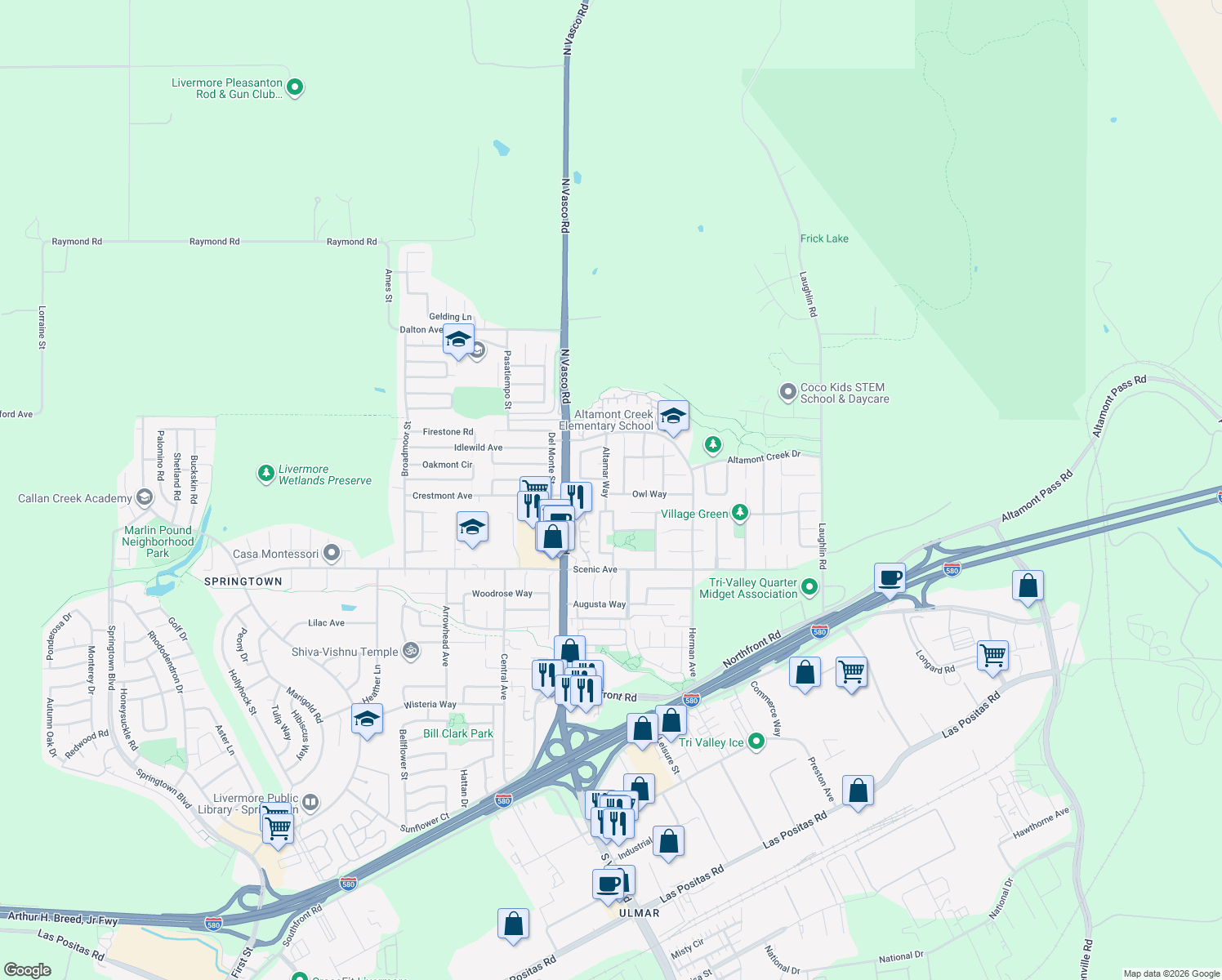 map of restaurants, bars, coffee shops, grocery stores, and more near 1659 Altamar Way in Livermore