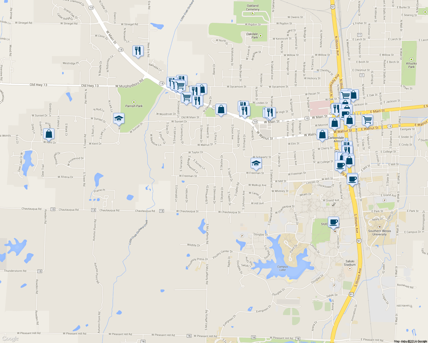 map of restaurants, bars, coffee shops, grocery stores, and more near 624 South Glenview Drive in Carbondale