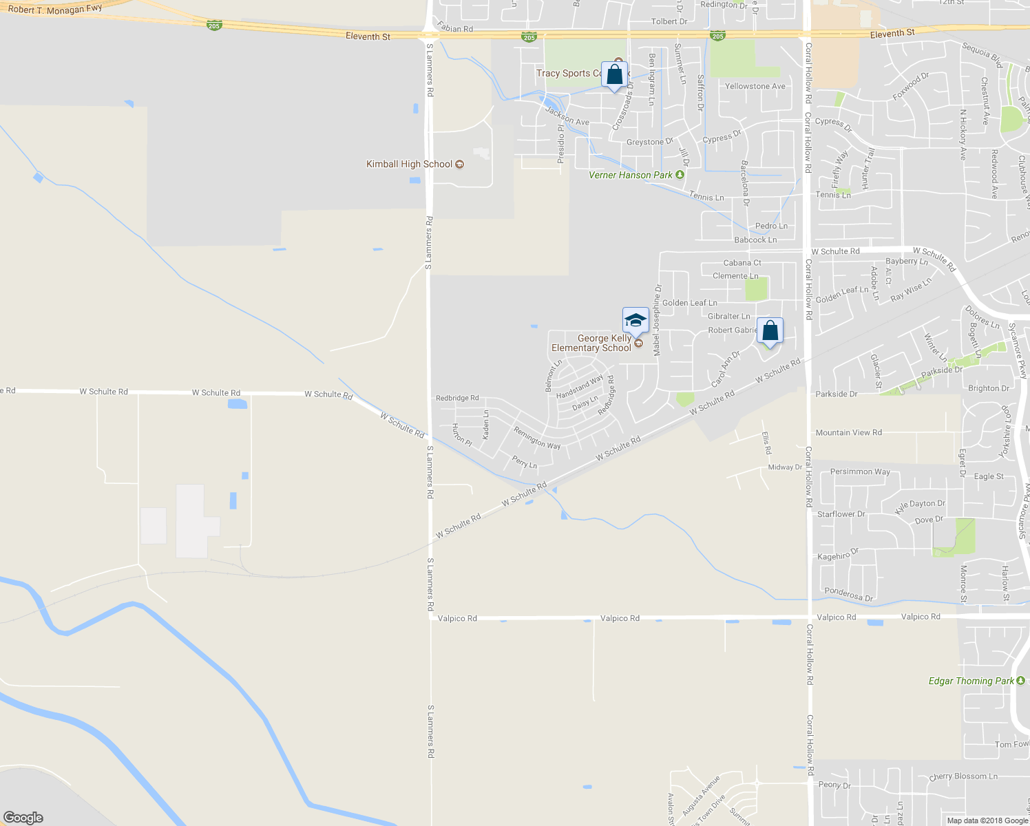 map of restaurants, bars, coffee shops, grocery stores, and more near 3004 Redbridge Road in Tracy