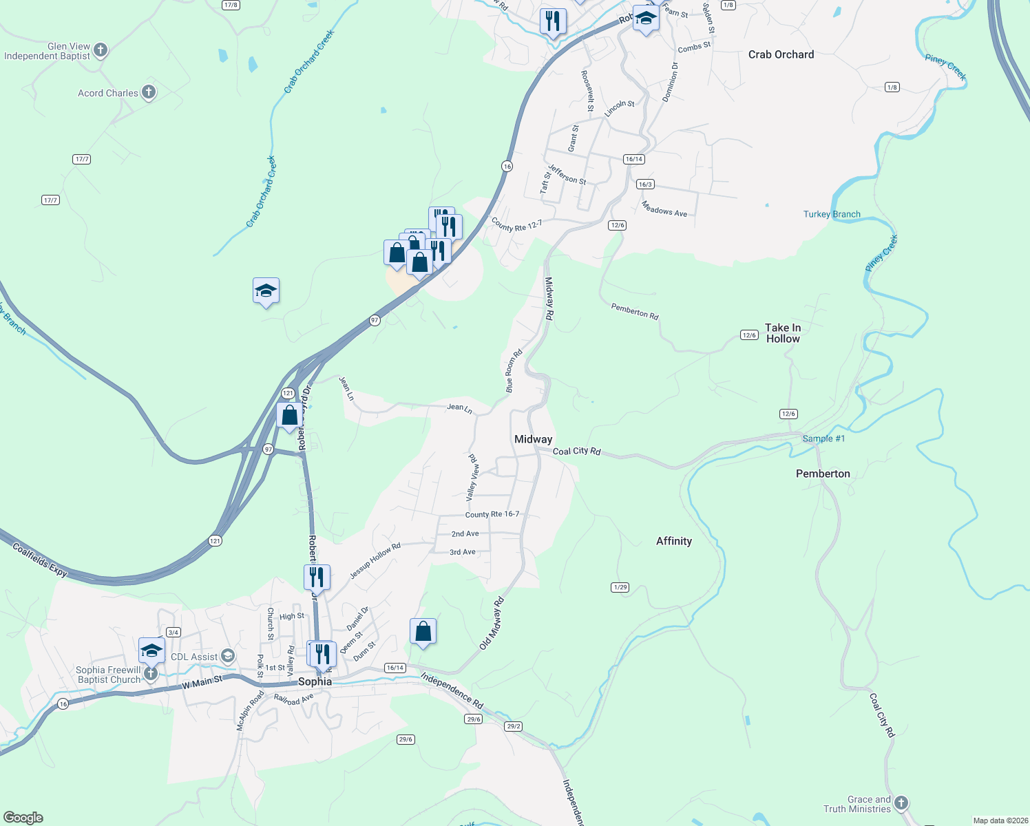 map of restaurants, bars, coffee shops, grocery stores, and more near 256 Ballard Street in Midway