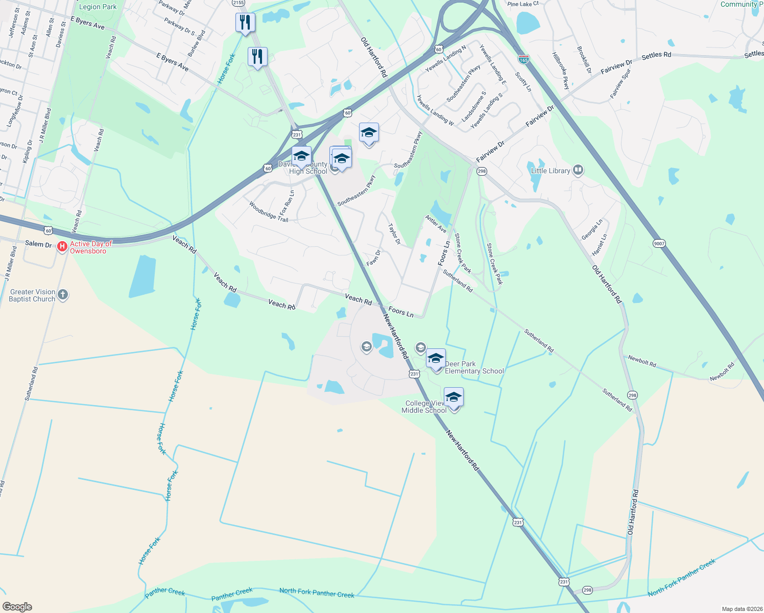 map of restaurants, bars, coffee shops, grocery stores, and more near 5101 New Hartford Road in Owensboro
