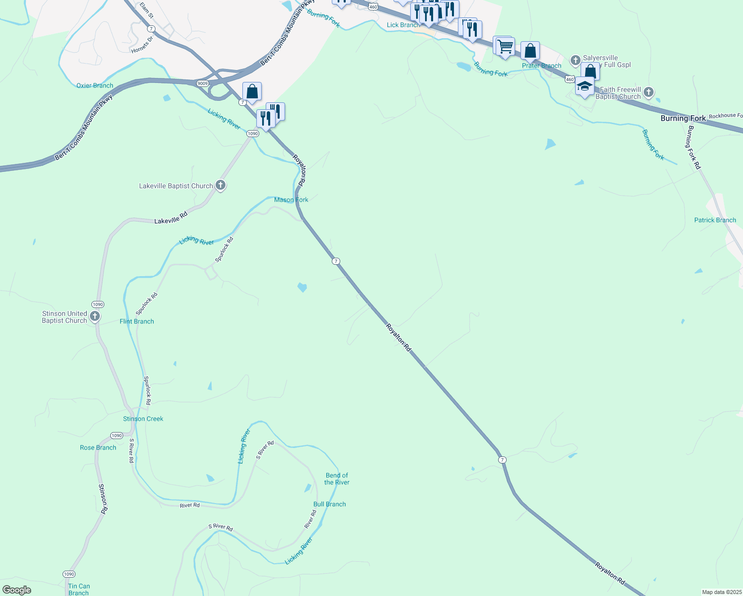 map of restaurants, bars, coffee shops, grocery stores, and more near 2487 Royalton Road in Salyersville