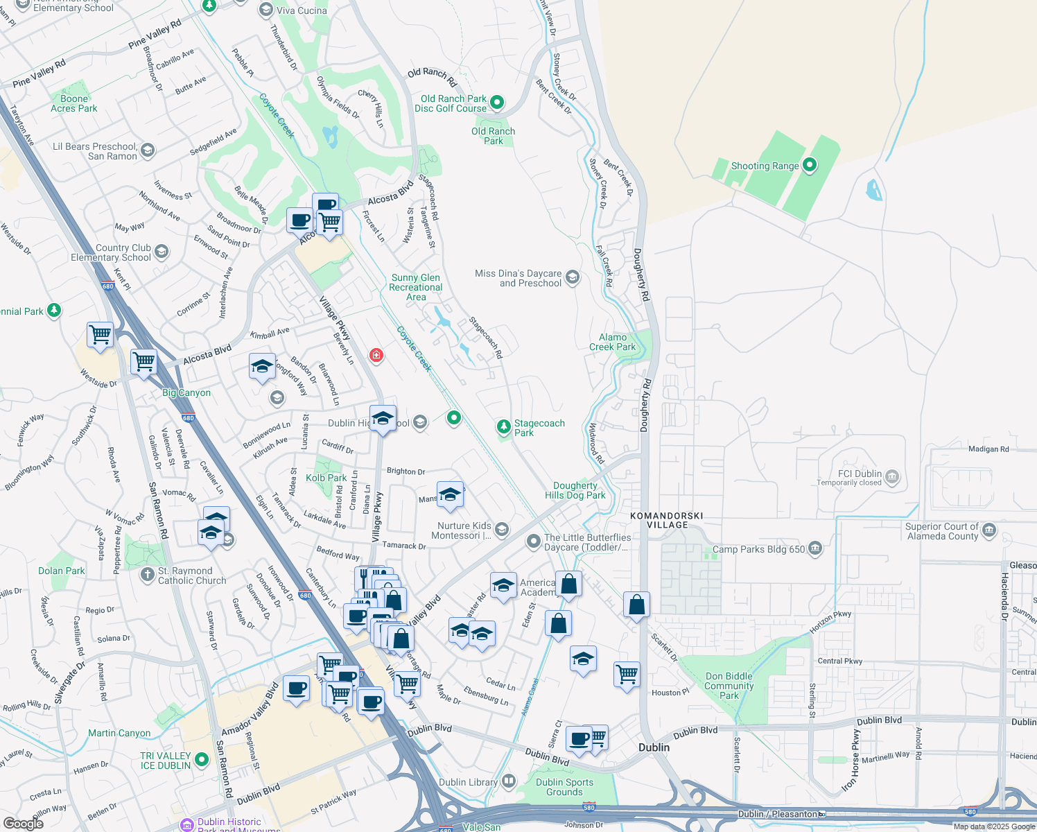 map of restaurants, bars, coffee shops, grocery stores, and more near 7638 Coral Way in Dublin