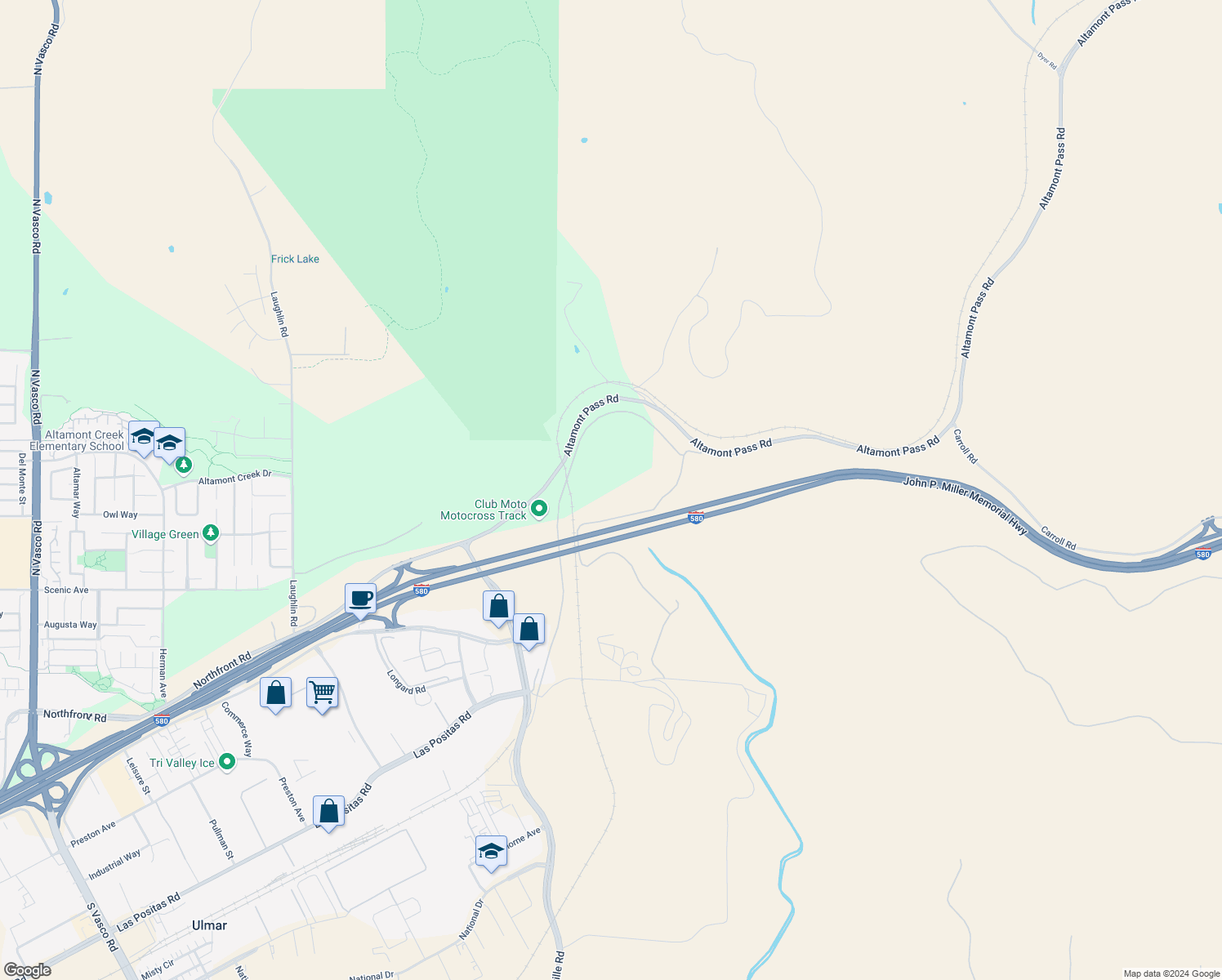 map of restaurants, bars, coffee shops, grocery stores, and more near John P. Miller Memorial Highway in Livermore