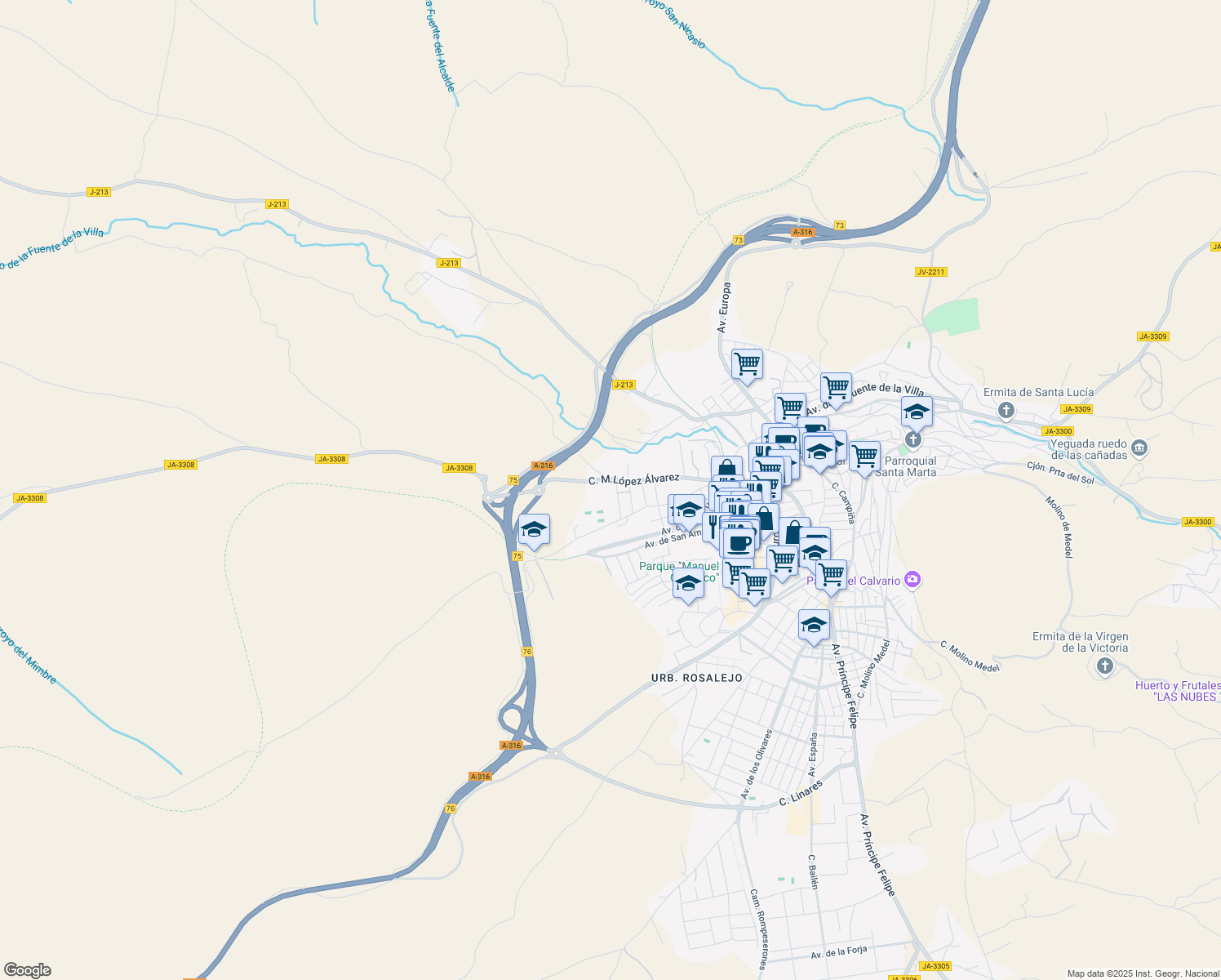 map of restaurants, bars, coffee shops, grocery stores, and more near 30 Calle Deportes in Martos