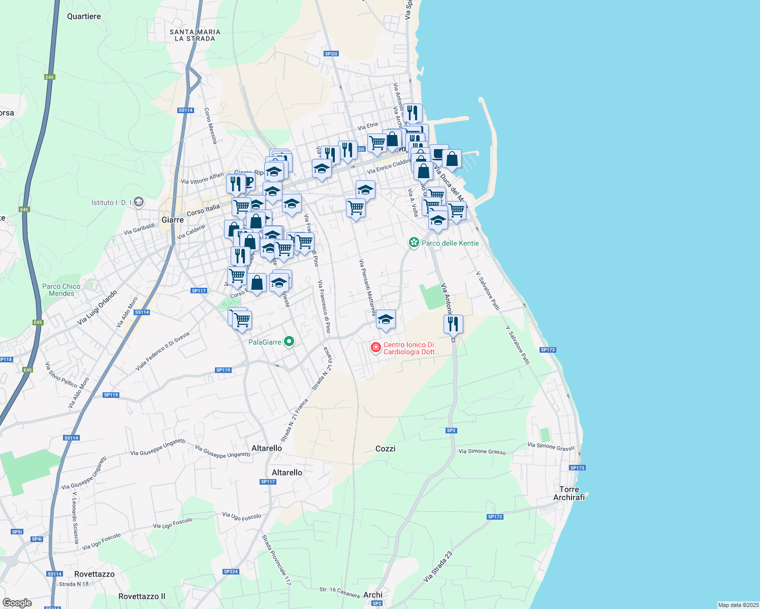 map of restaurants, bars, coffee shops, grocery stores, and more near 152G Via Mario Carbonaro in Riposto