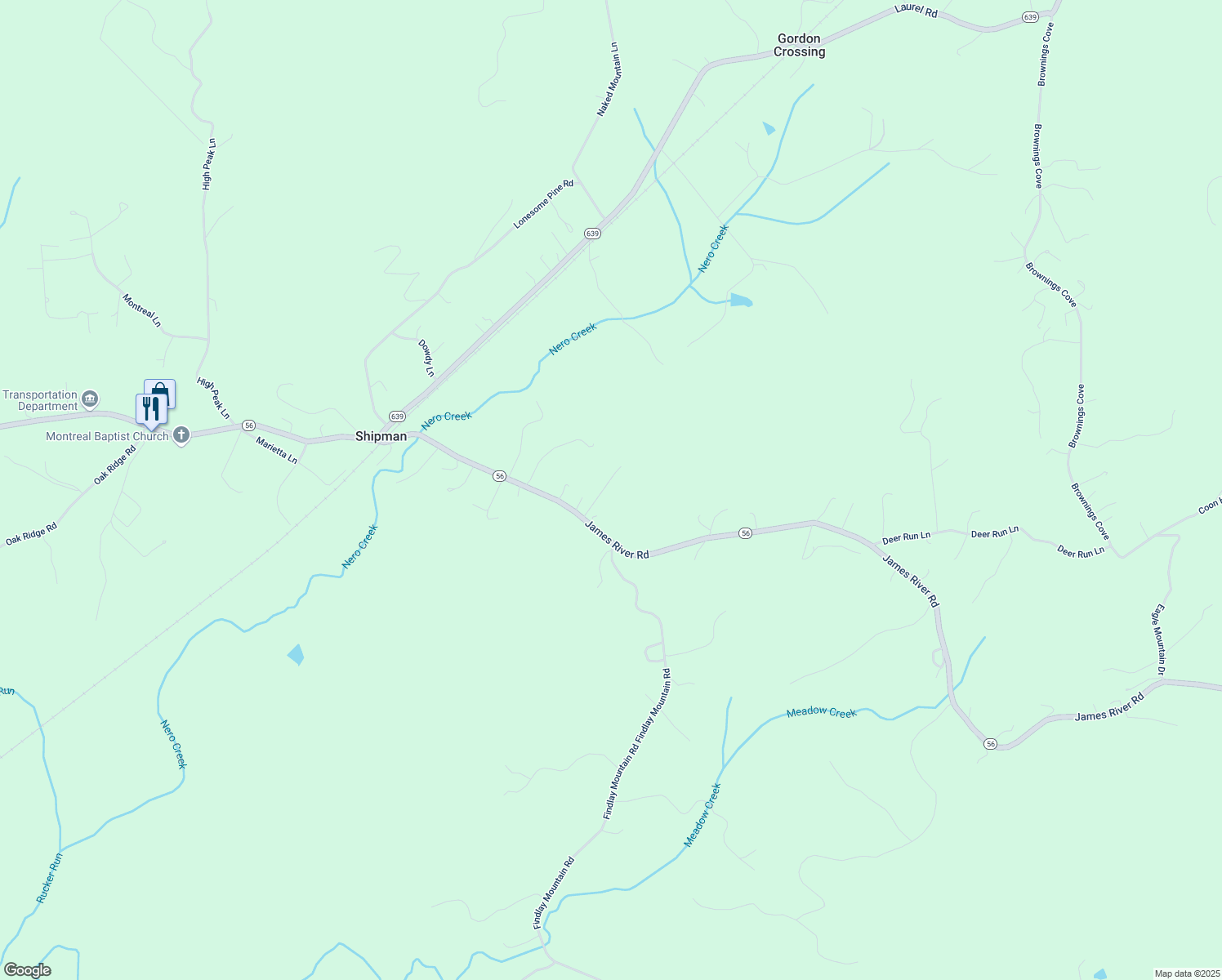 map of restaurants, bars, coffee shops, grocery stores, and more near 114 Evening Star Lane in Shipman