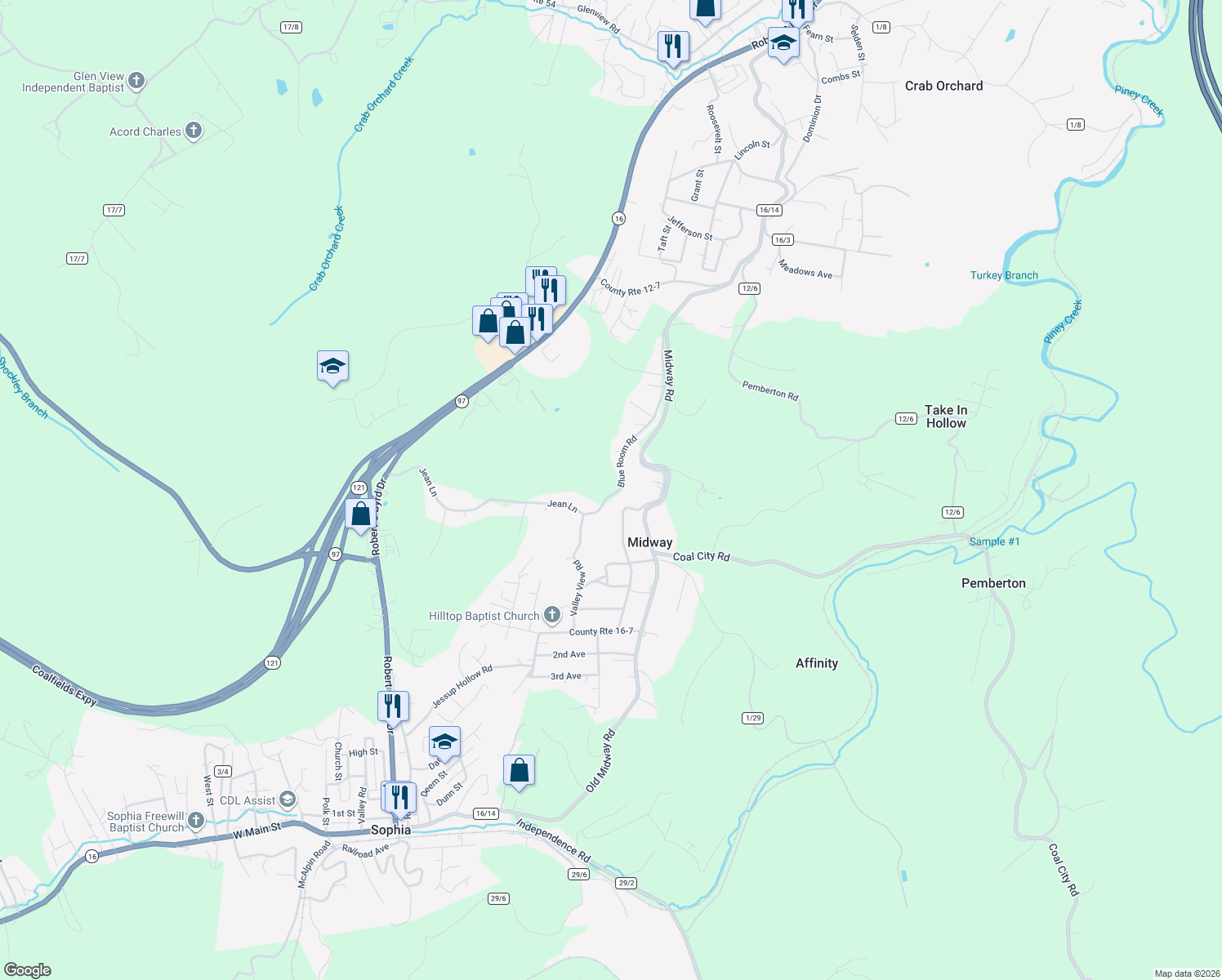 map of restaurants, bars, coffee shops, grocery stores, and more near 455 Blue Room Road in Midway