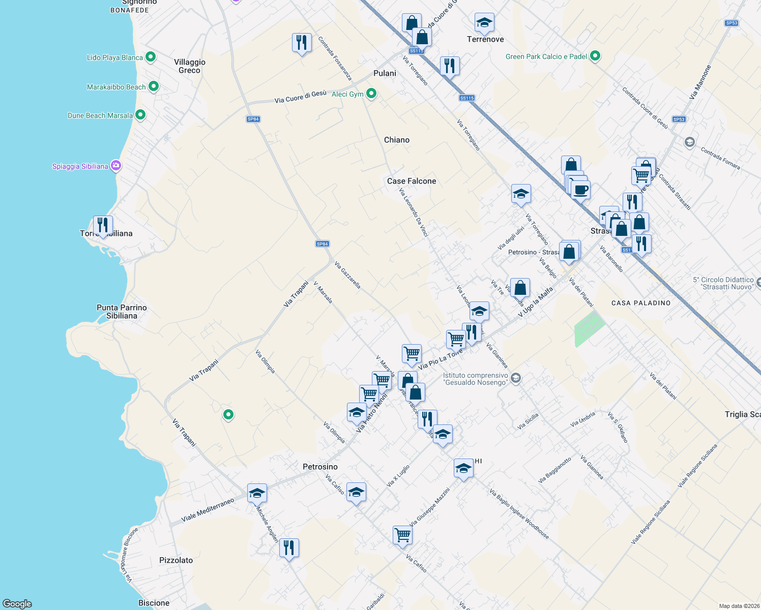 map of restaurants, bars, coffee shops, grocery stores, and more near 45 Via Gazzarella in Libero consorzio comunale di Trapani