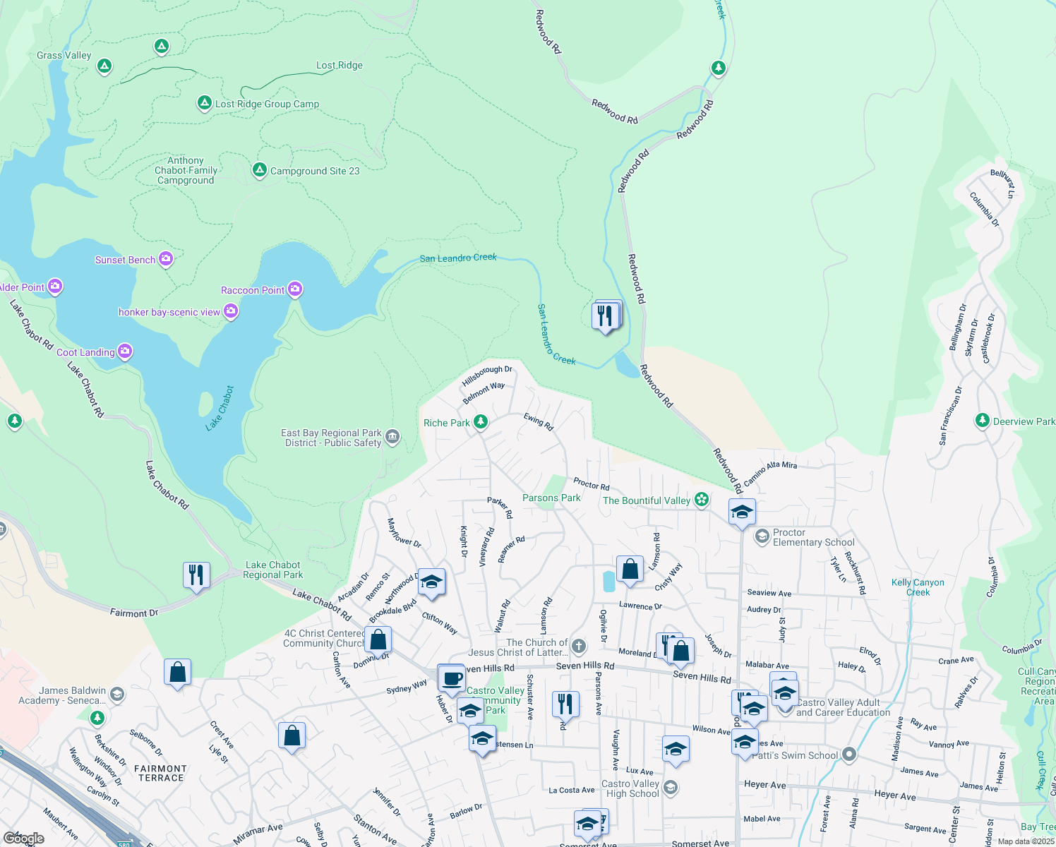map of restaurants, bars, coffee shops, grocery stores, and more near 4593 Ewing Road in Castro Valley
