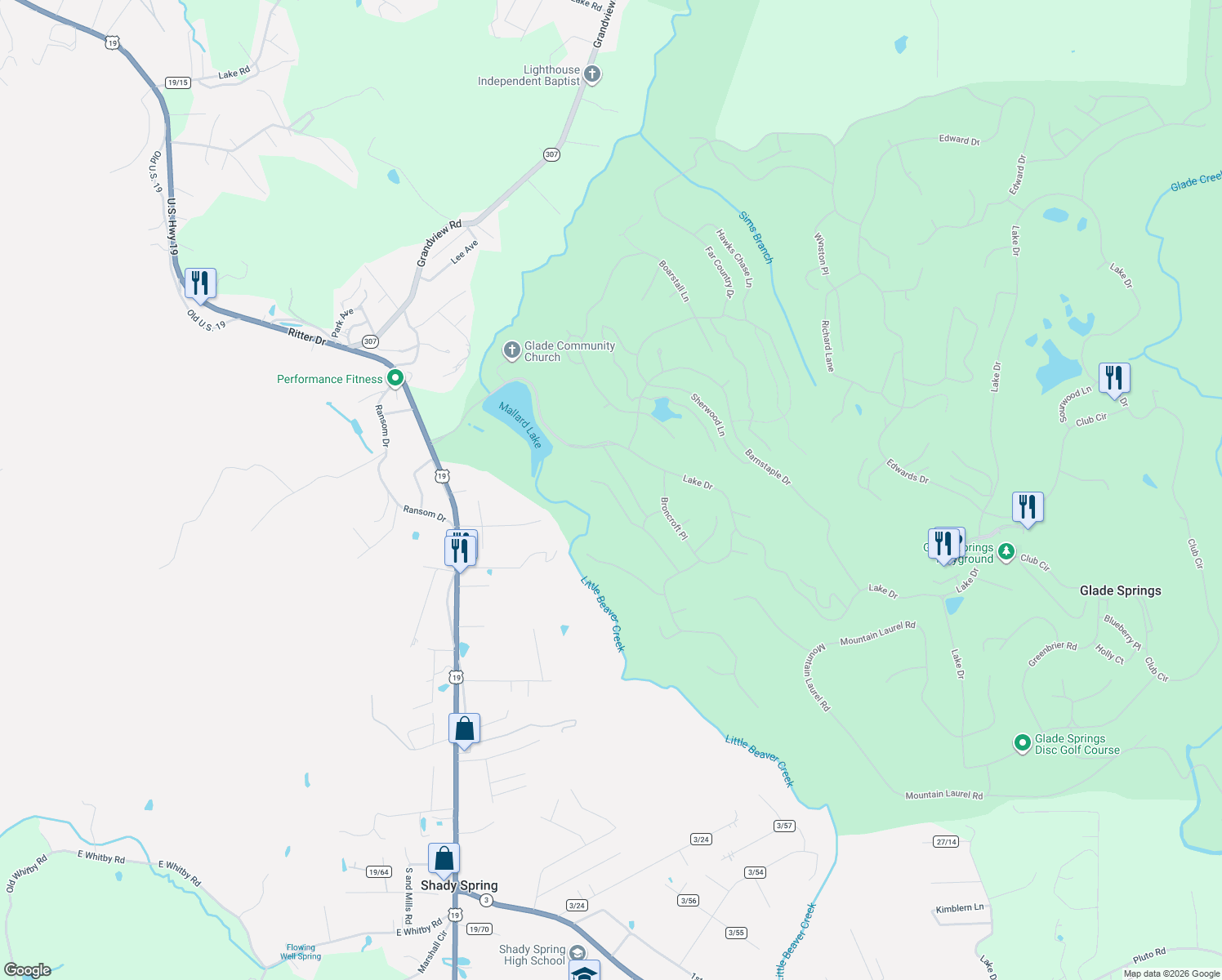 map of restaurants, bars, coffee shops, grocery stores, and more near Glen Planters Lane in Daniels