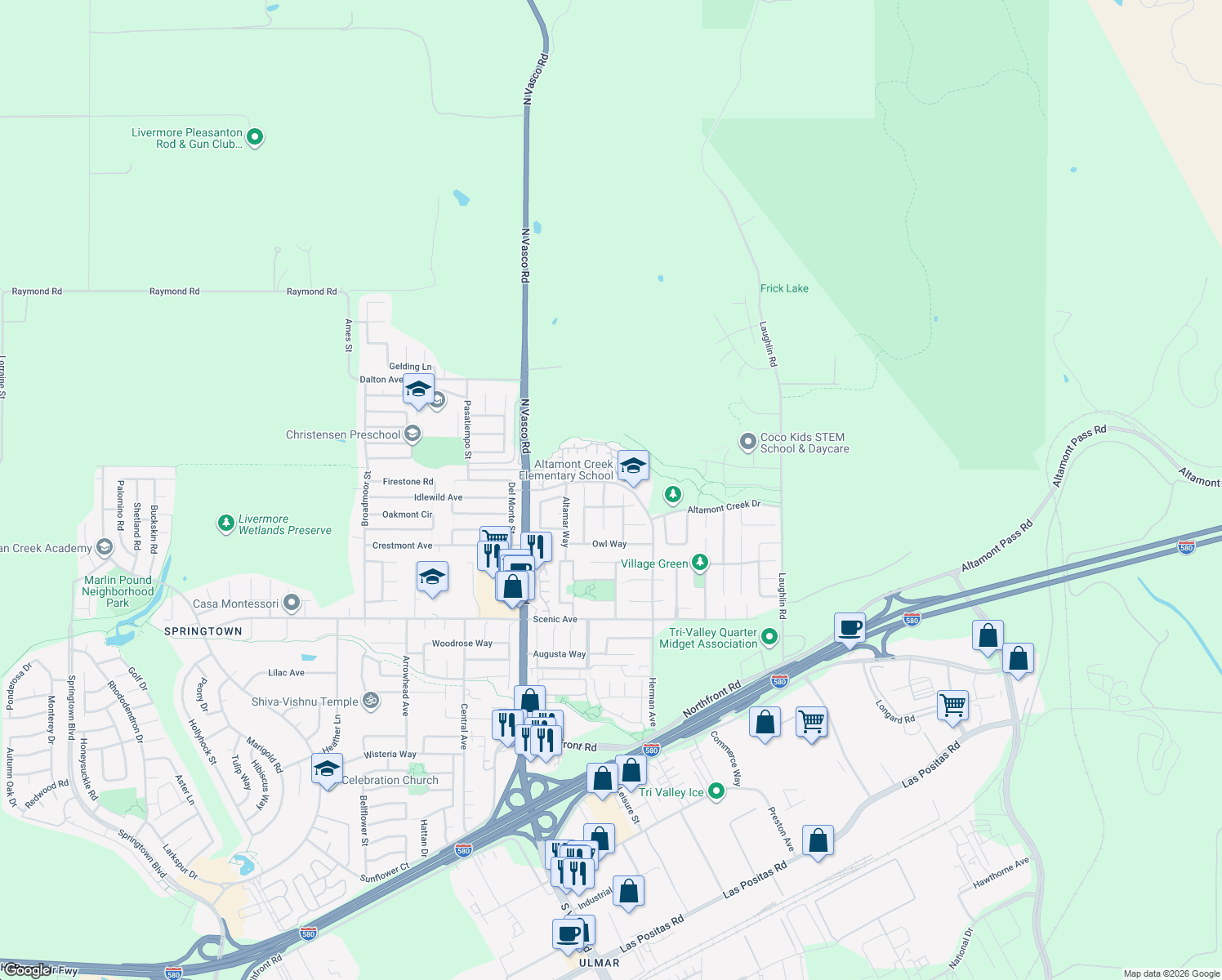 map of restaurants, bars, coffee shops, grocery stores, and more near 1787 Maralisa Lane in Livermore