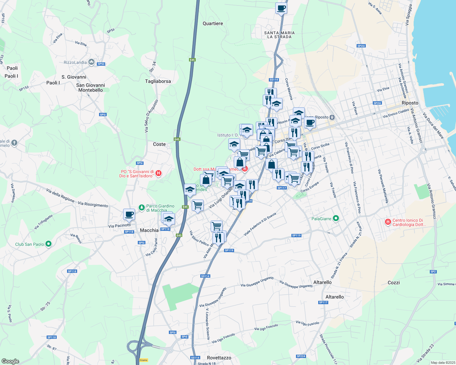 map of restaurants, bars, coffee shops, grocery stores, and more near 45 Via Tommaso Cannizzaro in Giarre