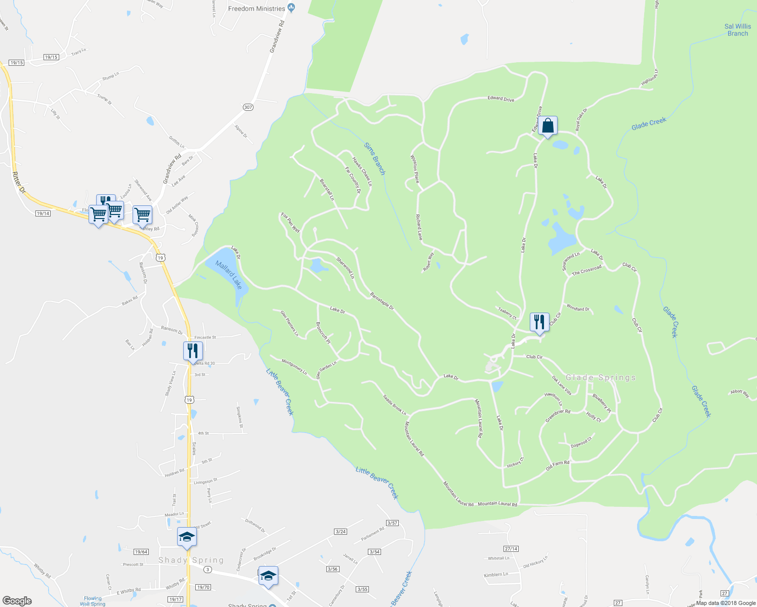map of restaurants, bars, coffee shops, grocery stores, and more near 293 Barnstaple Drive in Daniels