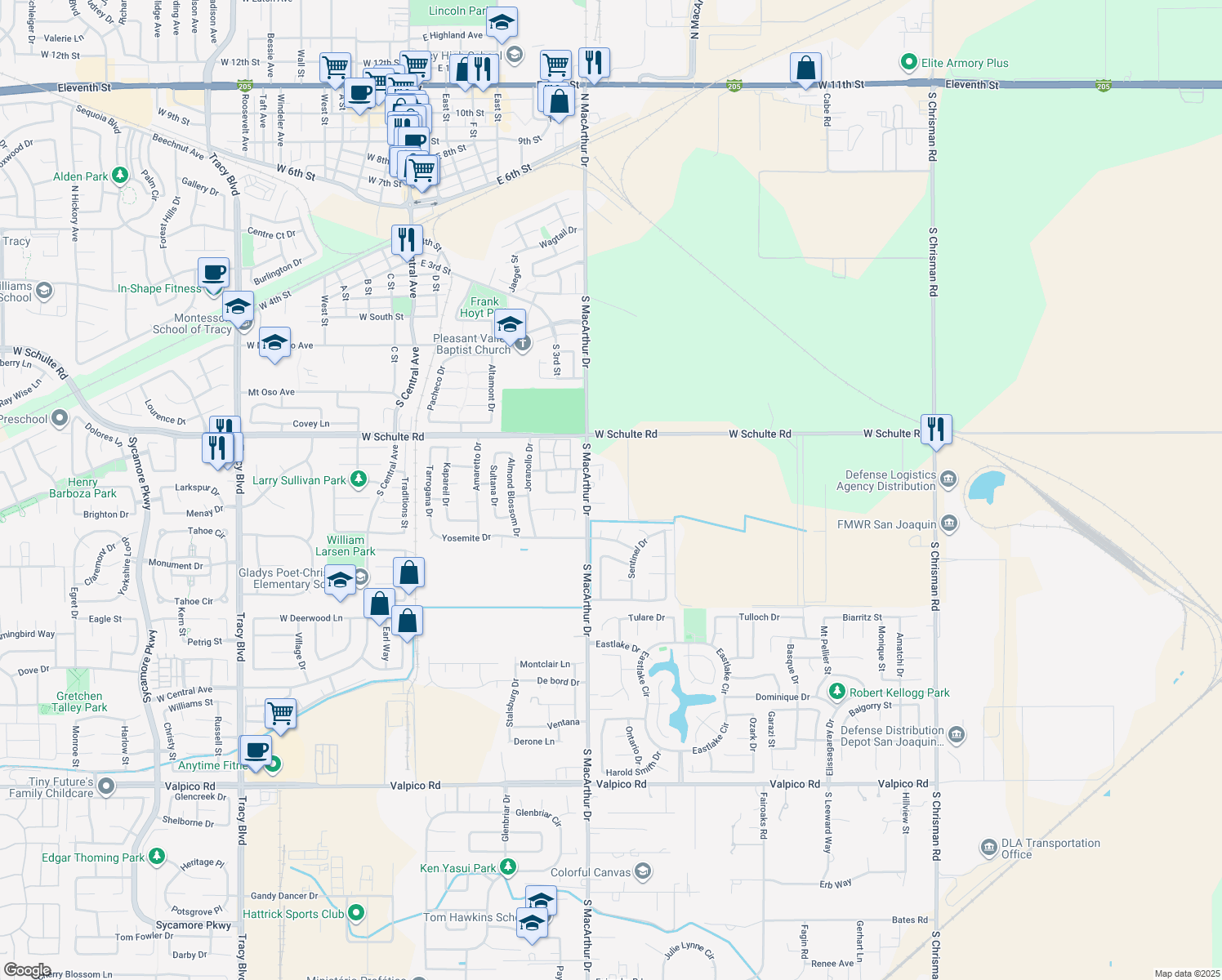 map of restaurants, bars, coffee shops, grocery stores, and more near 8825 Janice Way in Tracy