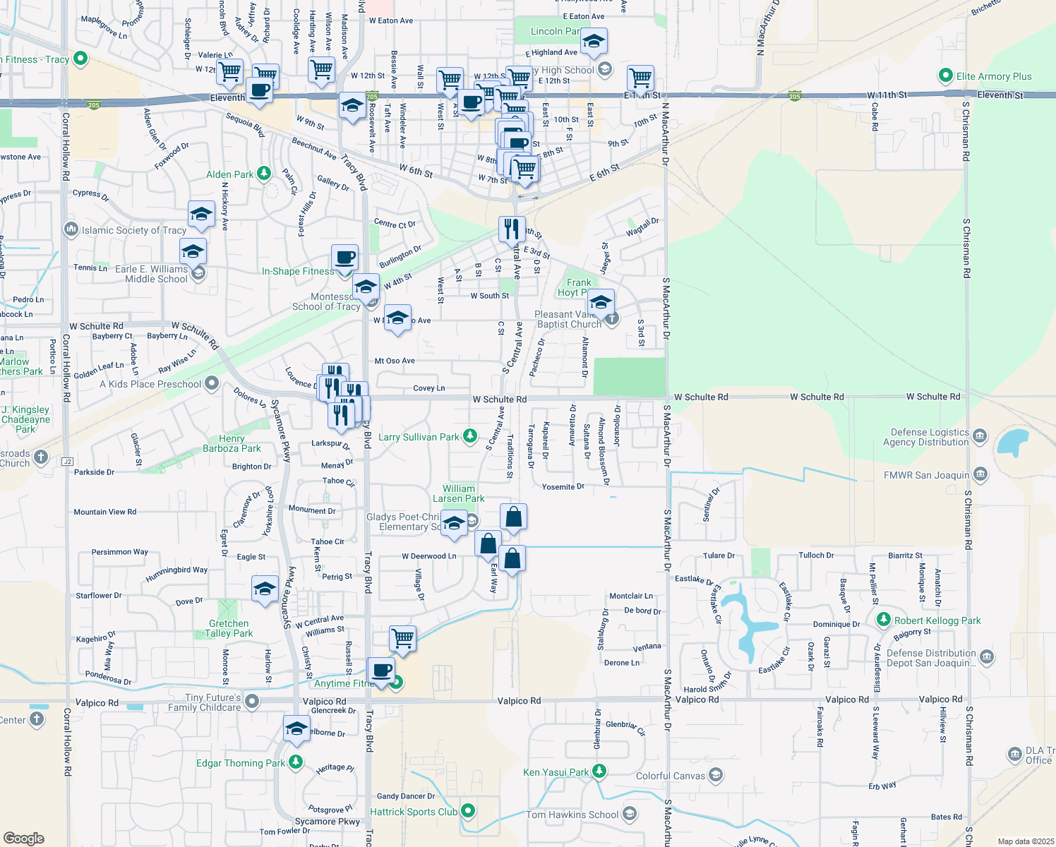 map of restaurants, bars, coffee shops, grocery stores, and more near 851 Tarrogana Drive in Tracy