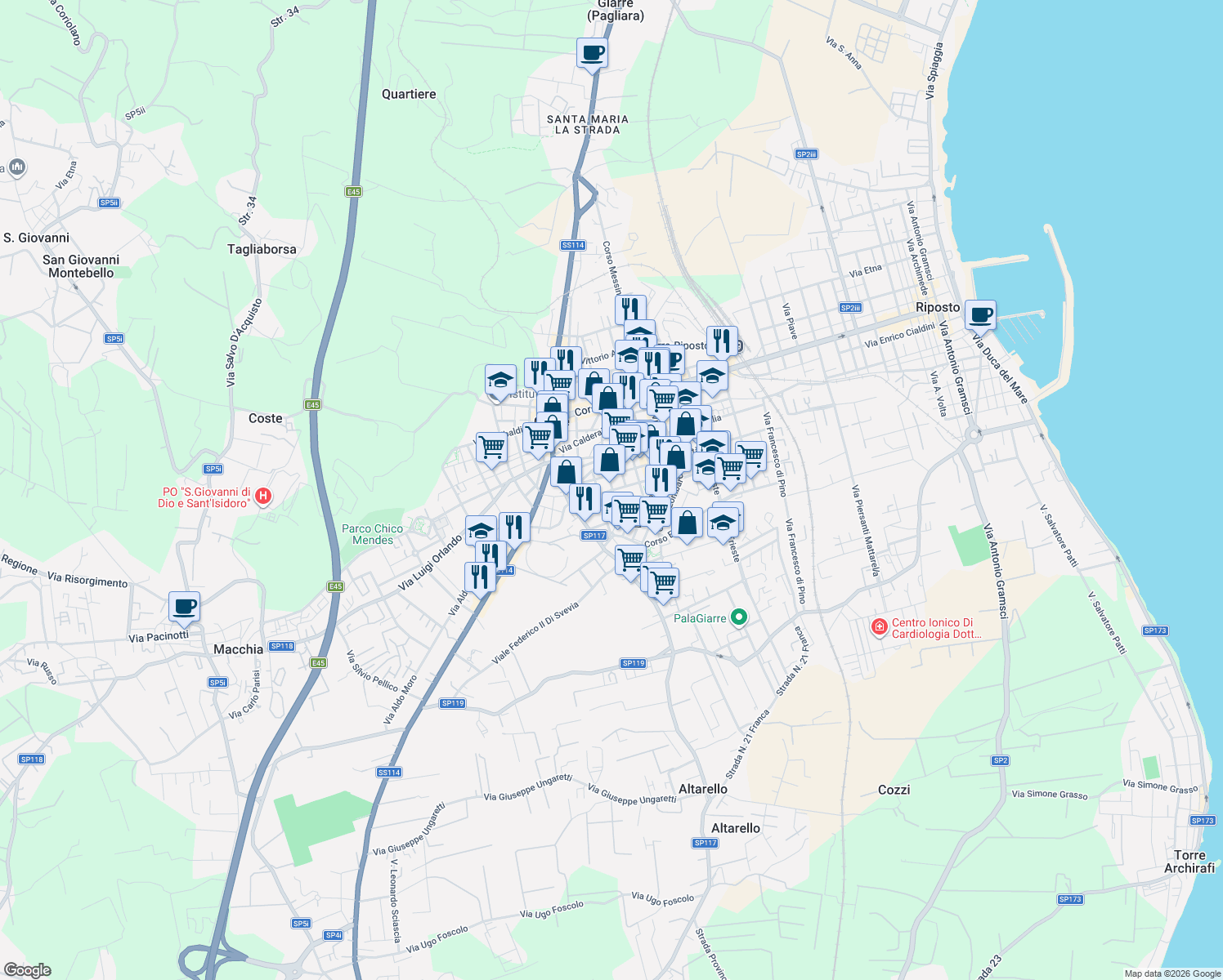 map of restaurants, bars, coffee shops, grocery stores, and more near 52 Via Quintino Sella in Giarre