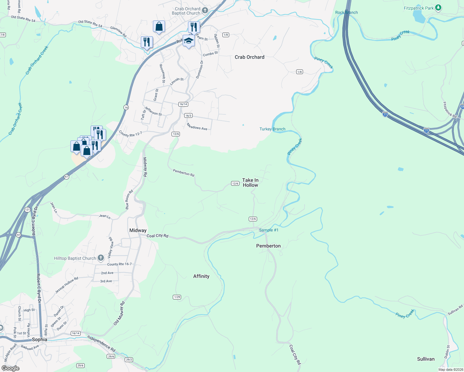 map of restaurants, bars, coffee shops, grocery stores, and more near 558 County Route 12/6 in Midway
