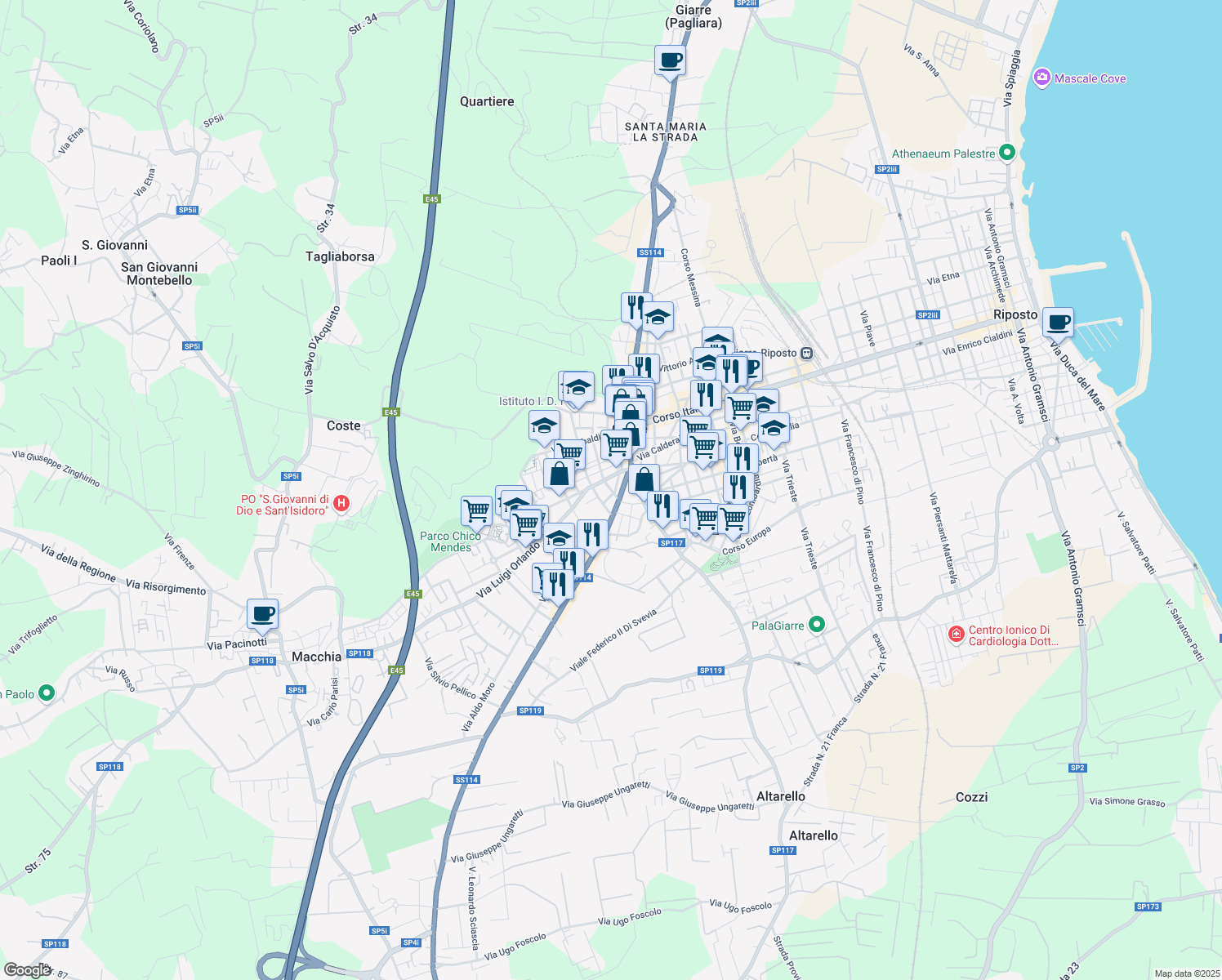 map of restaurants, bars, coffee shops, grocery stores, and more near 51 Via Luigi Pirandello in Giarre