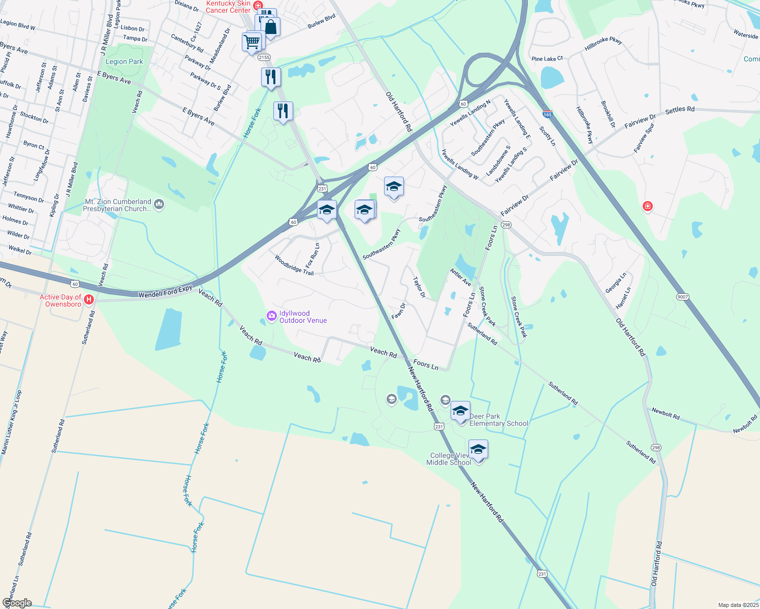 map of restaurants, bars, coffee shops, grocery stores, and more near 4771 New Hartford Rd in Owensboro