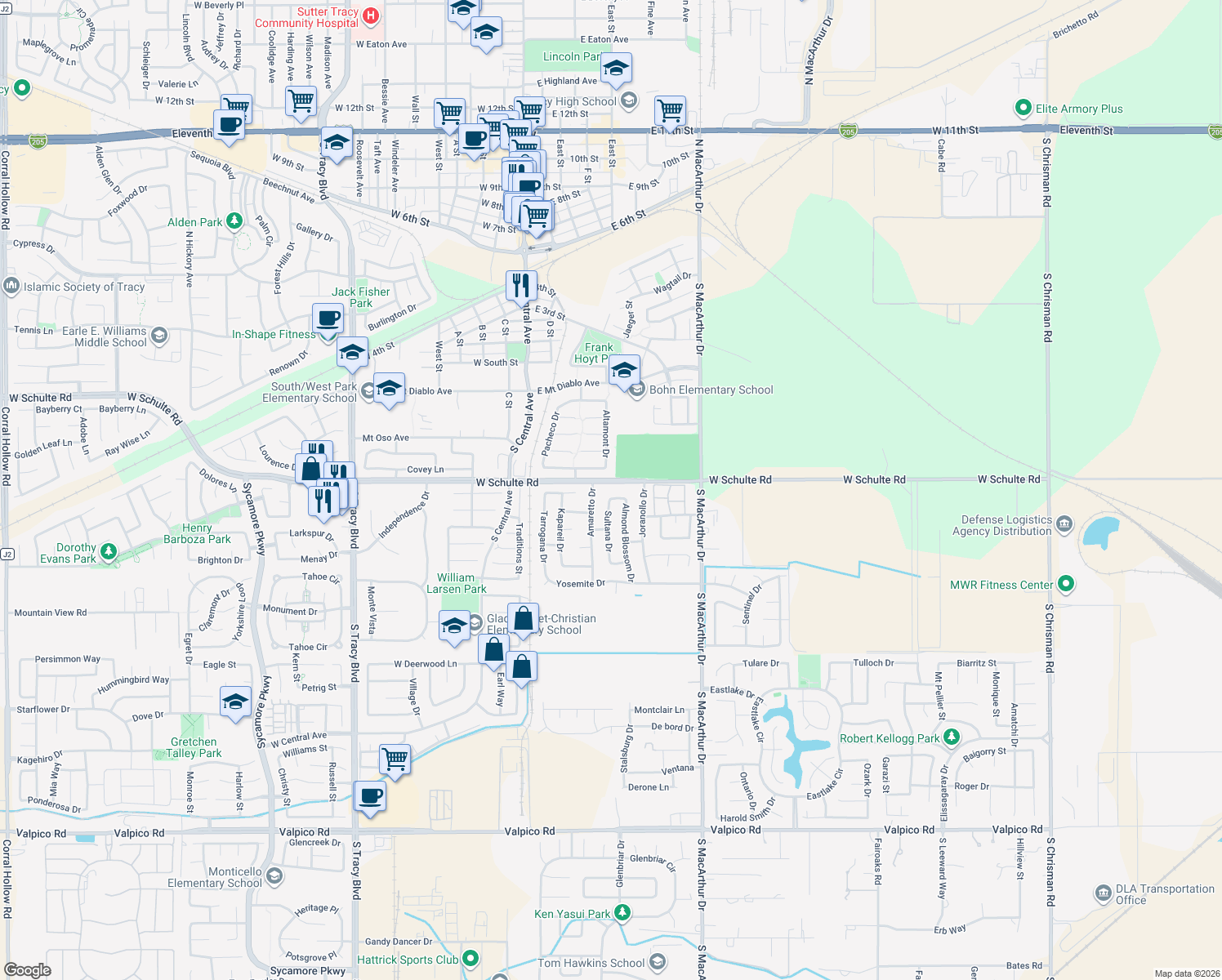 map of restaurants, bars, coffee shops, grocery stores, and more near 300 West Schulte Road in Tracy