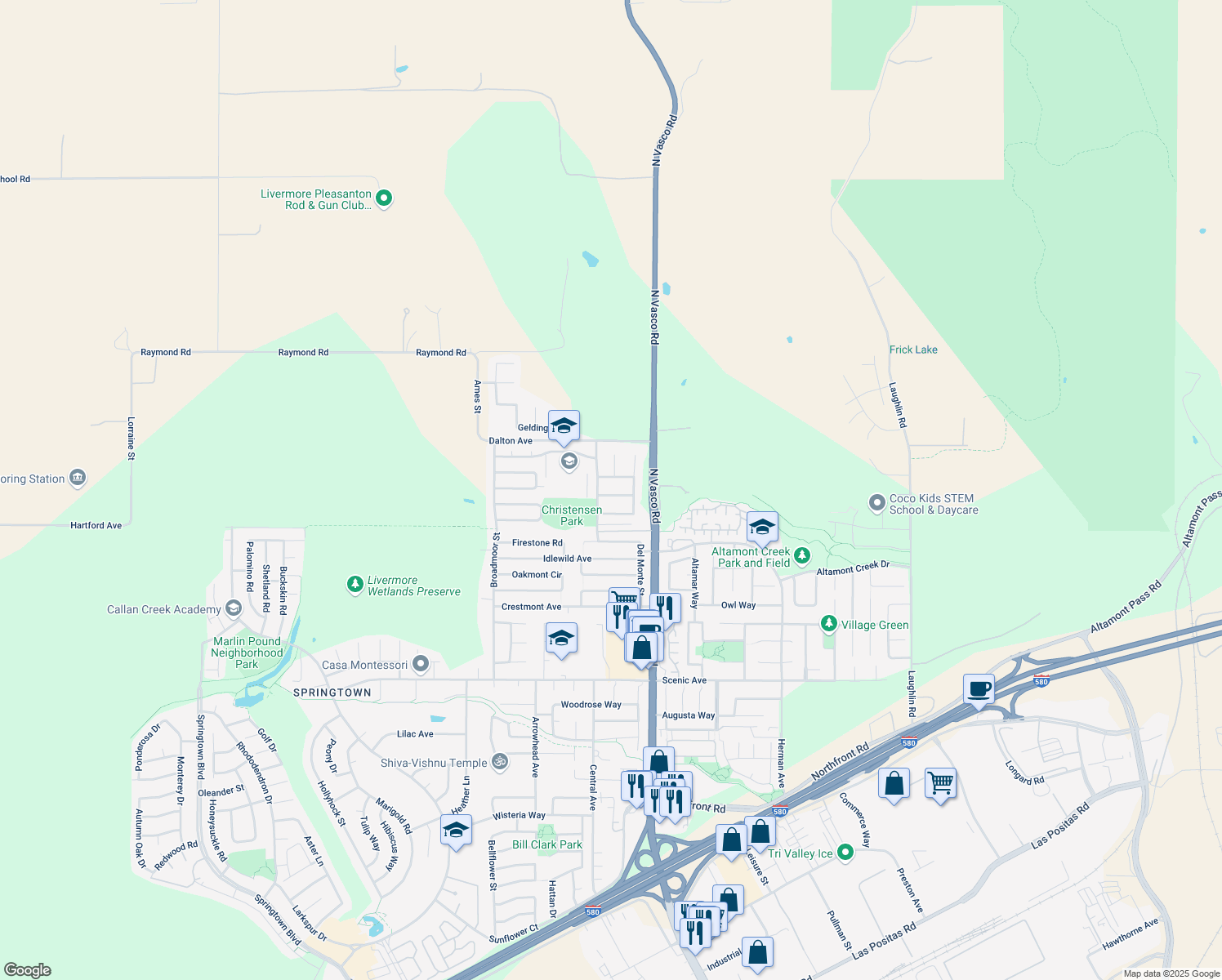 map of restaurants, bars, coffee shops, grocery stores, and more near 5920 Ocean Hills Way in Livermore