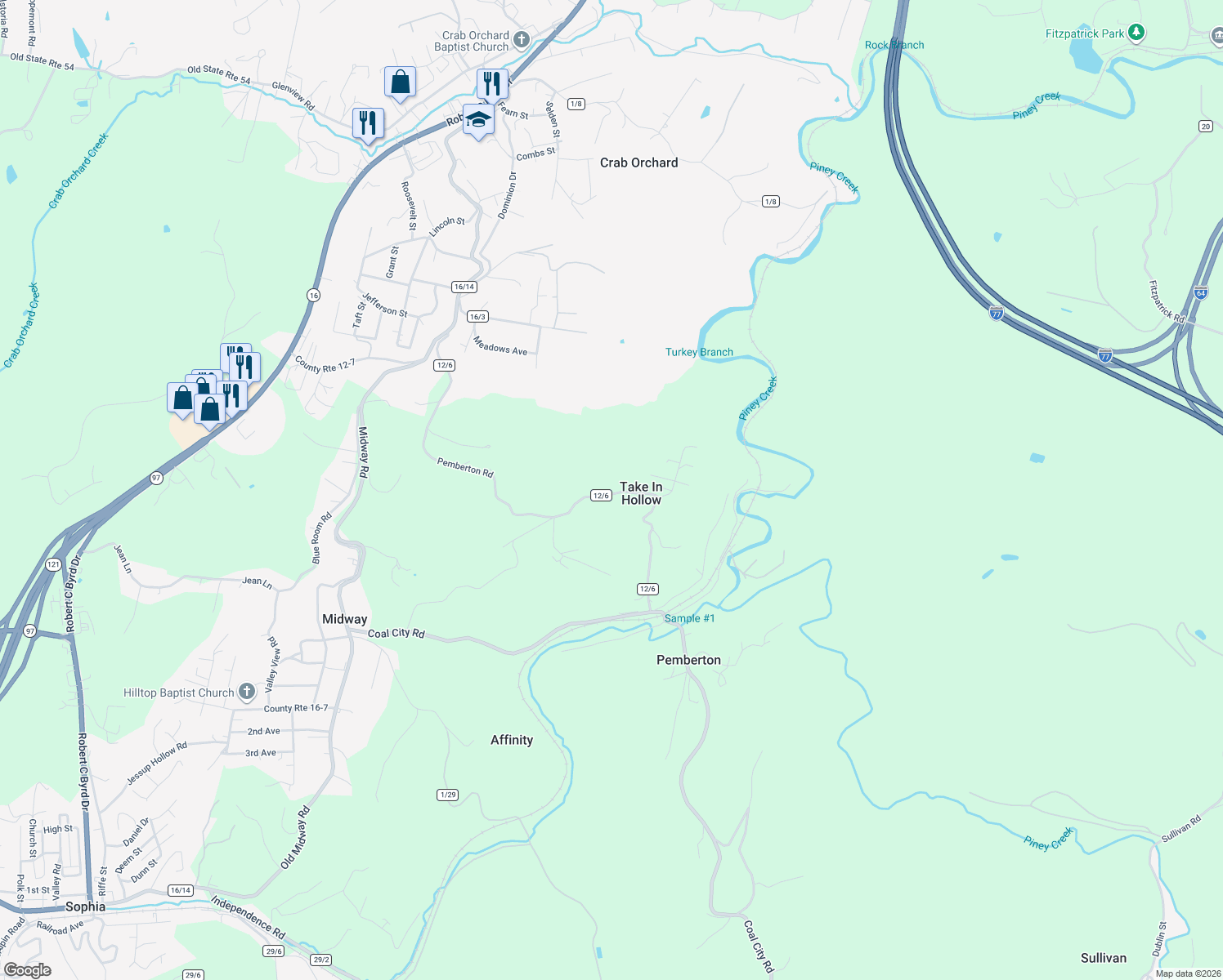 map of restaurants, bars, coffee shops, grocery stores, and more near 558-570 Pemberton Road in Crab Orchard
