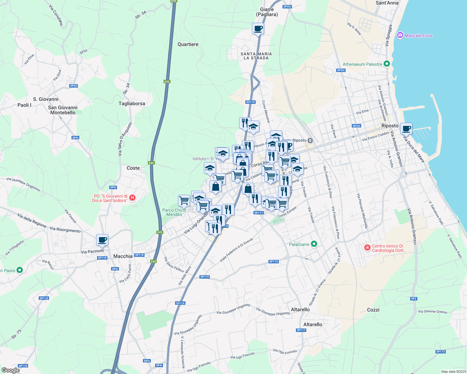 map of restaurants, bars, coffee shops, grocery stores, and more near 51 Via Luigi Pirandello in Giarre