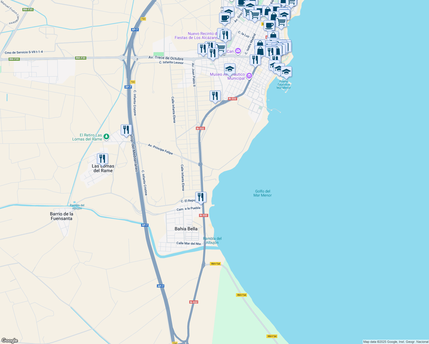 map of restaurants, bars, coffee shops, grocery stores, and more near in Los Alcázares