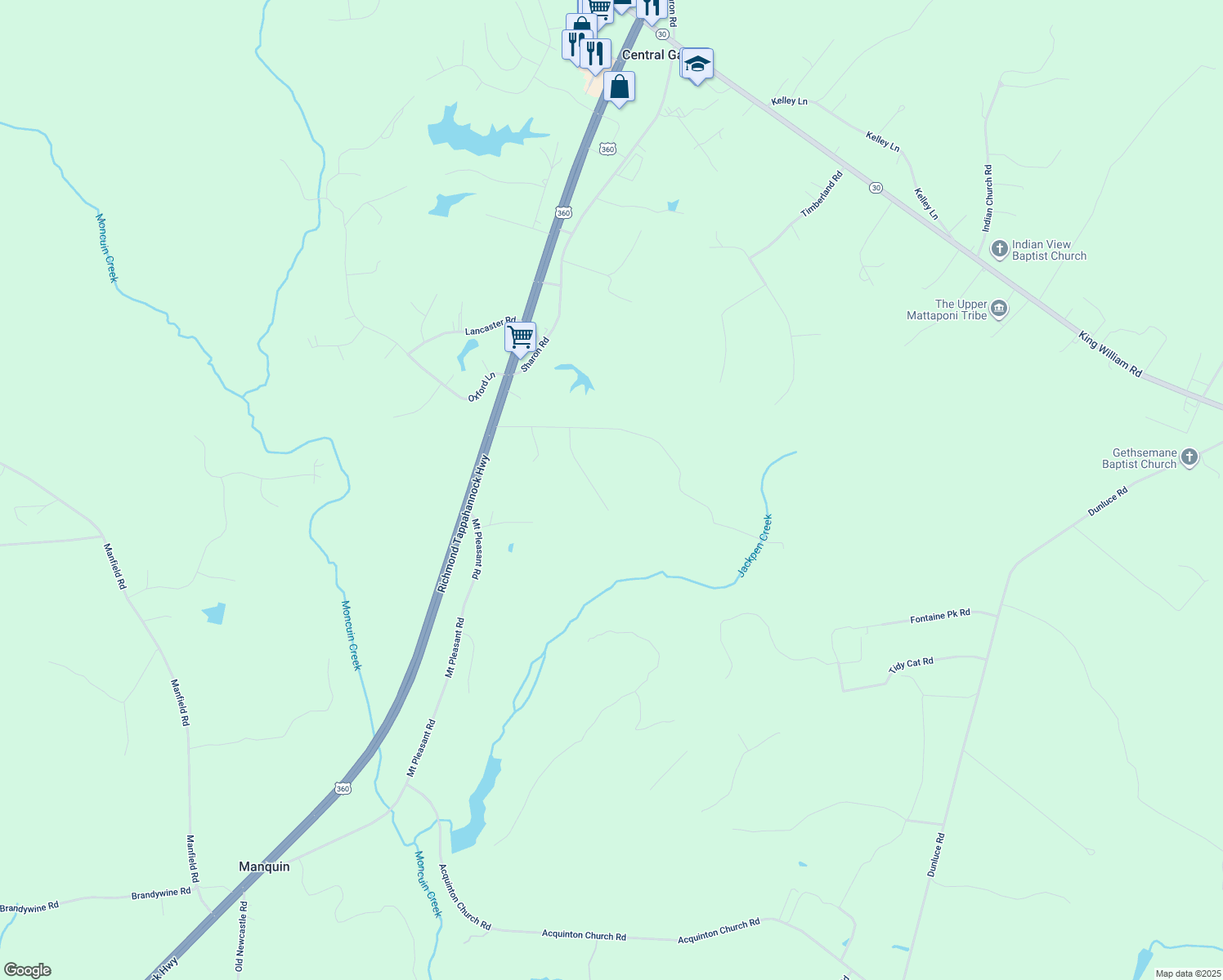 map of restaurants, bars, coffee shops, grocery stores, and more near 217 Beaver Creek Road in King William