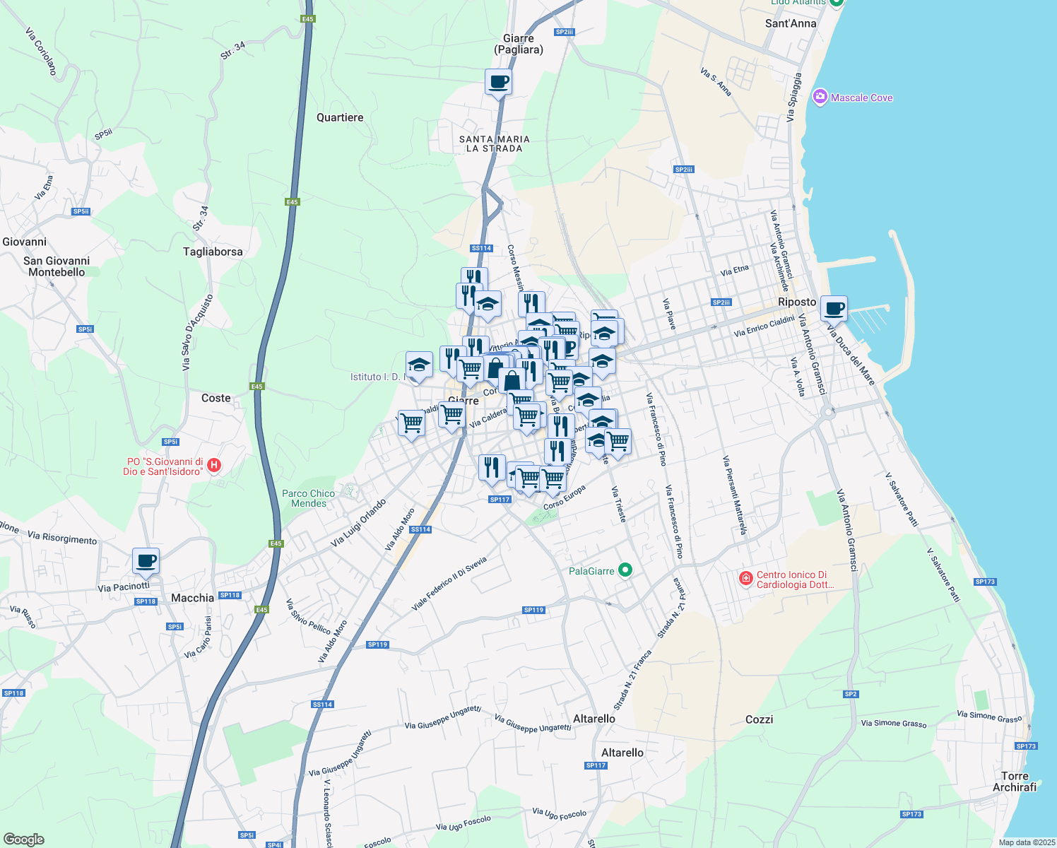 map of restaurants, bars, coffee shops, grocery stores, and more near 29 Via Salvatore Musumeci in Giarre