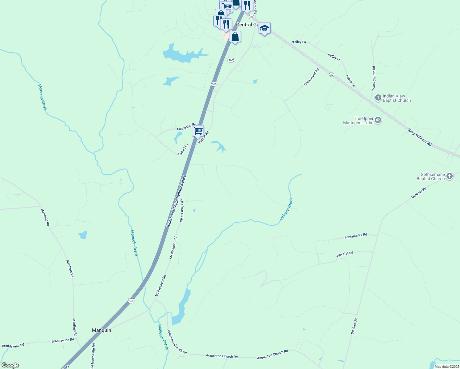 map of restaurants, bars, coffee shops, grocery stores, and more near 217 Beaver Creek Road in King William