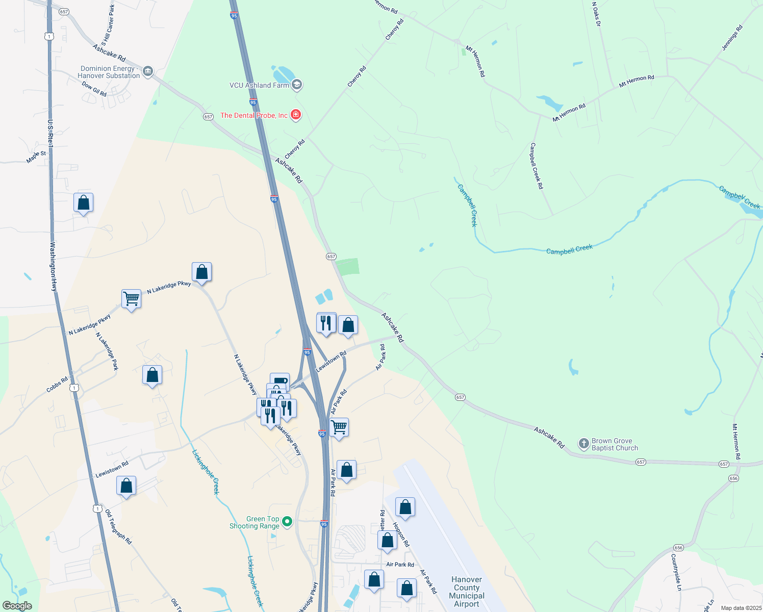 map of restaurants, bars, coffee shops, grocery stores, and more near 10118 Ashcake Road in Ashland