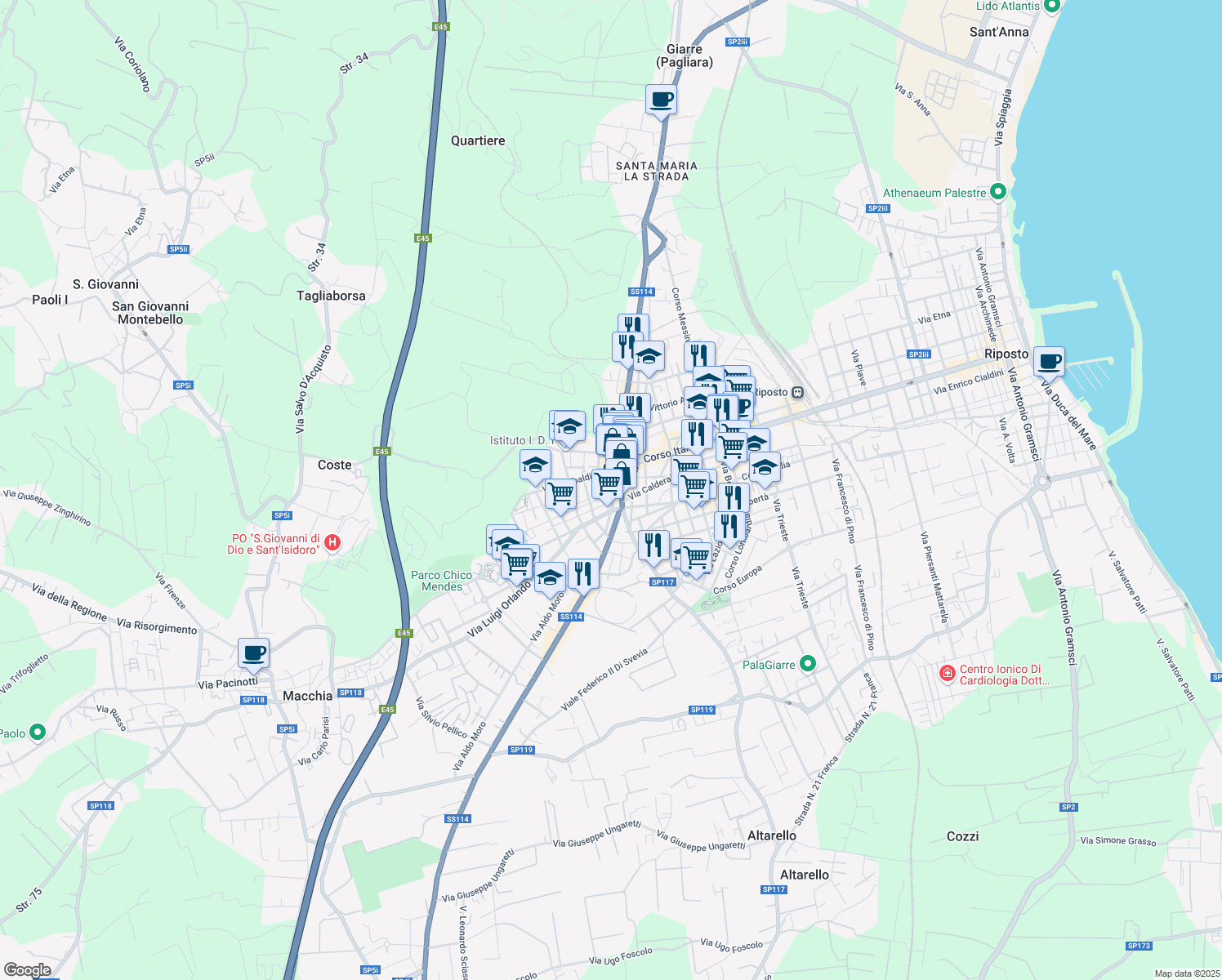 map of restaurants, bars, coffee shops, grocery stores, and more near in Giarre