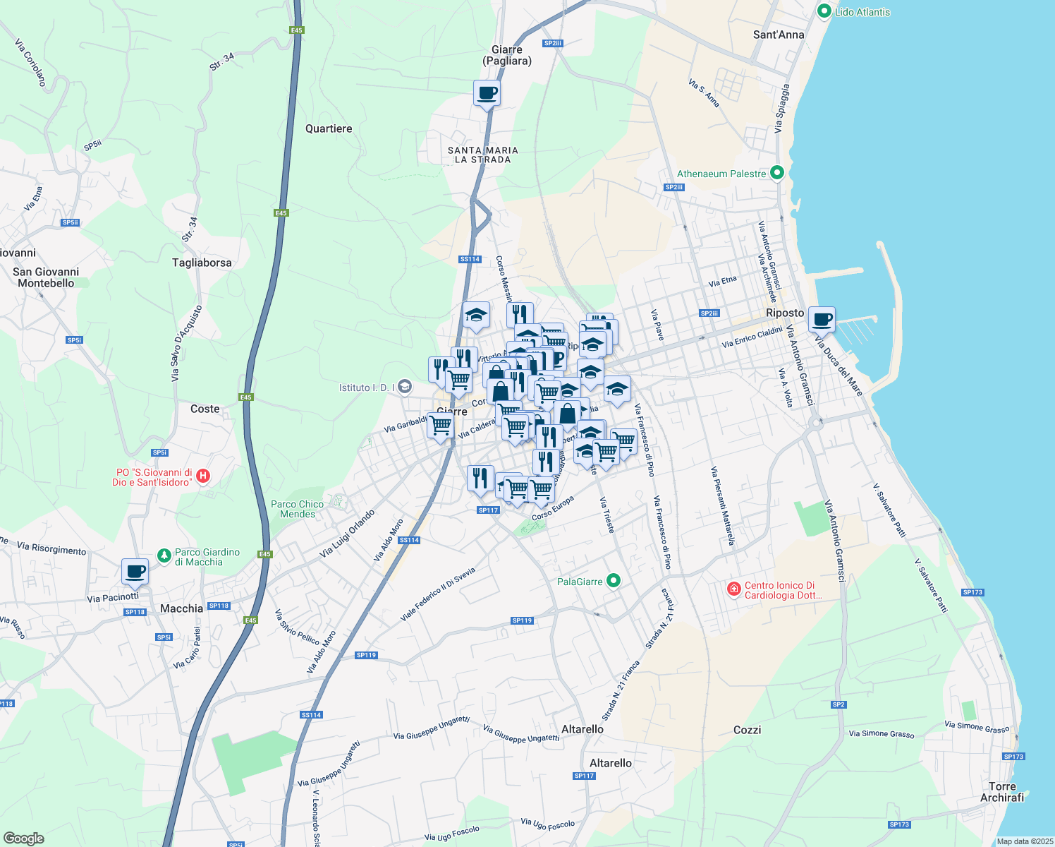 map of restaurants, bars, coffee shops, grocery stores, and more near 30 Via Alessandro Manzoni in Giarre