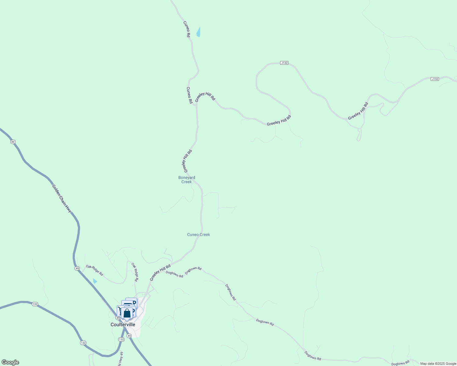 map of restaurants, bars, coffee shops, grocery stores, and more near 5306 Greeley Hill Road in Coulterville