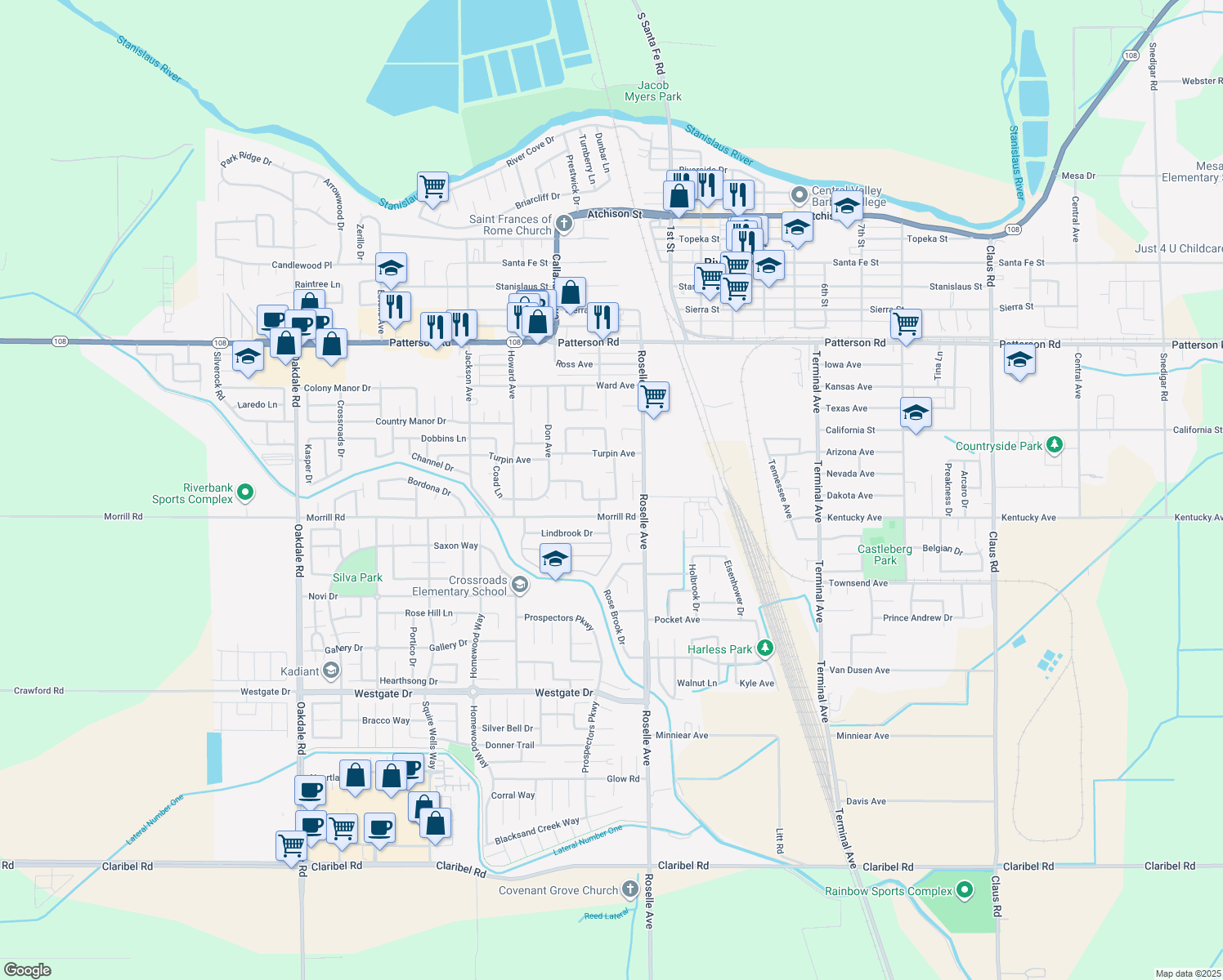 map of restaurants, bars, coffee shops, grocery stores, and more near 6025 Creek Bend Dr in Riverbank