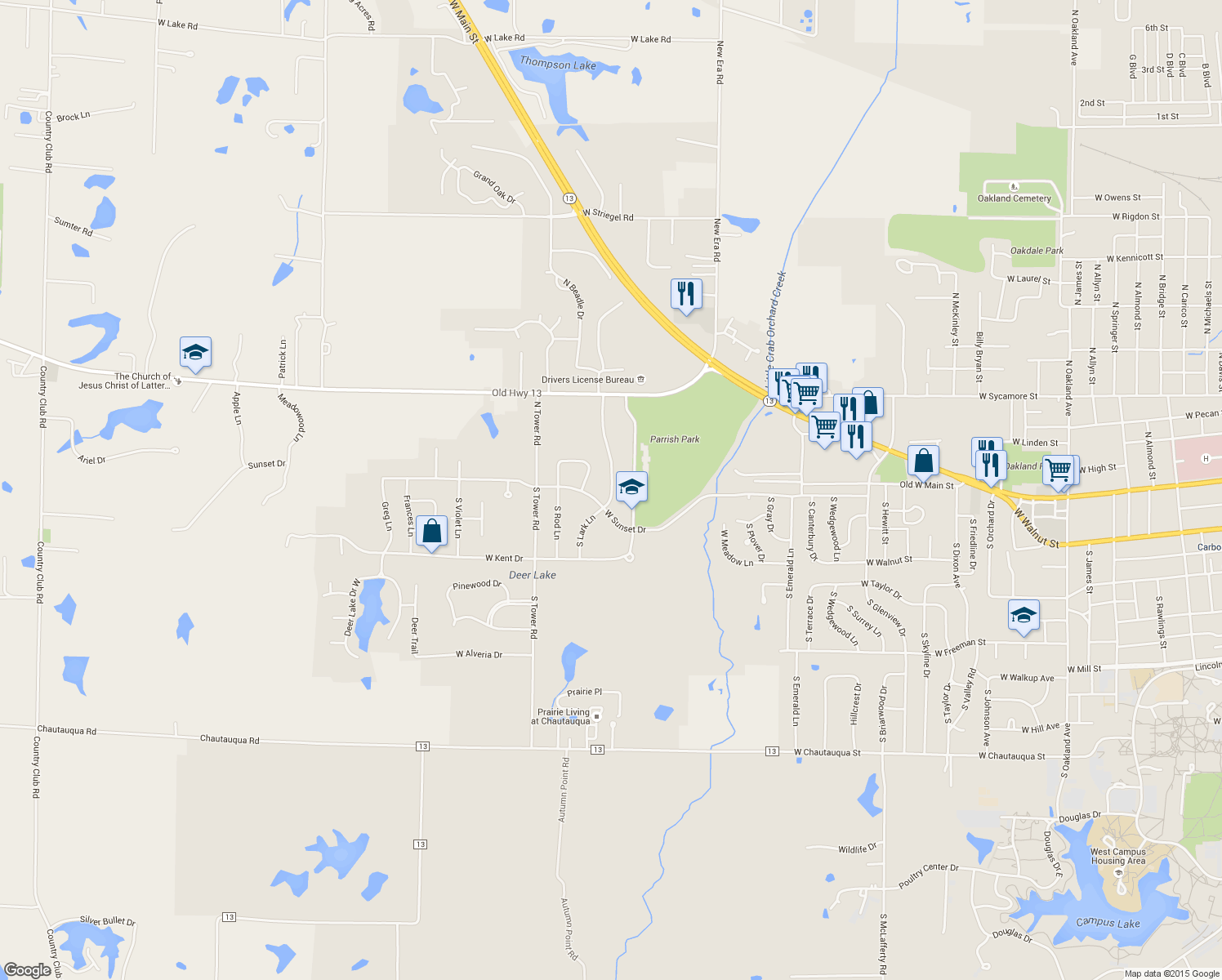 map of restaurants, bars, coffee shops, grocery stores, and more near 118 North Lark Lane in Carbondale