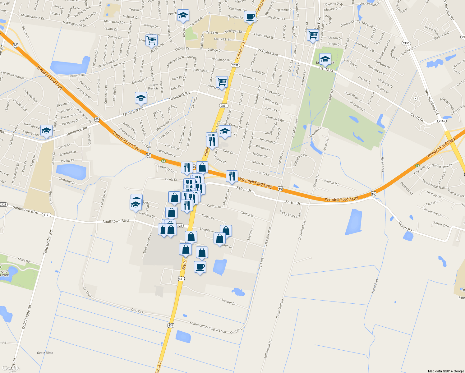 map of restaurants, bars, coffee shops, grocery stores, and more near 515 Salem Drive in Owensboro
