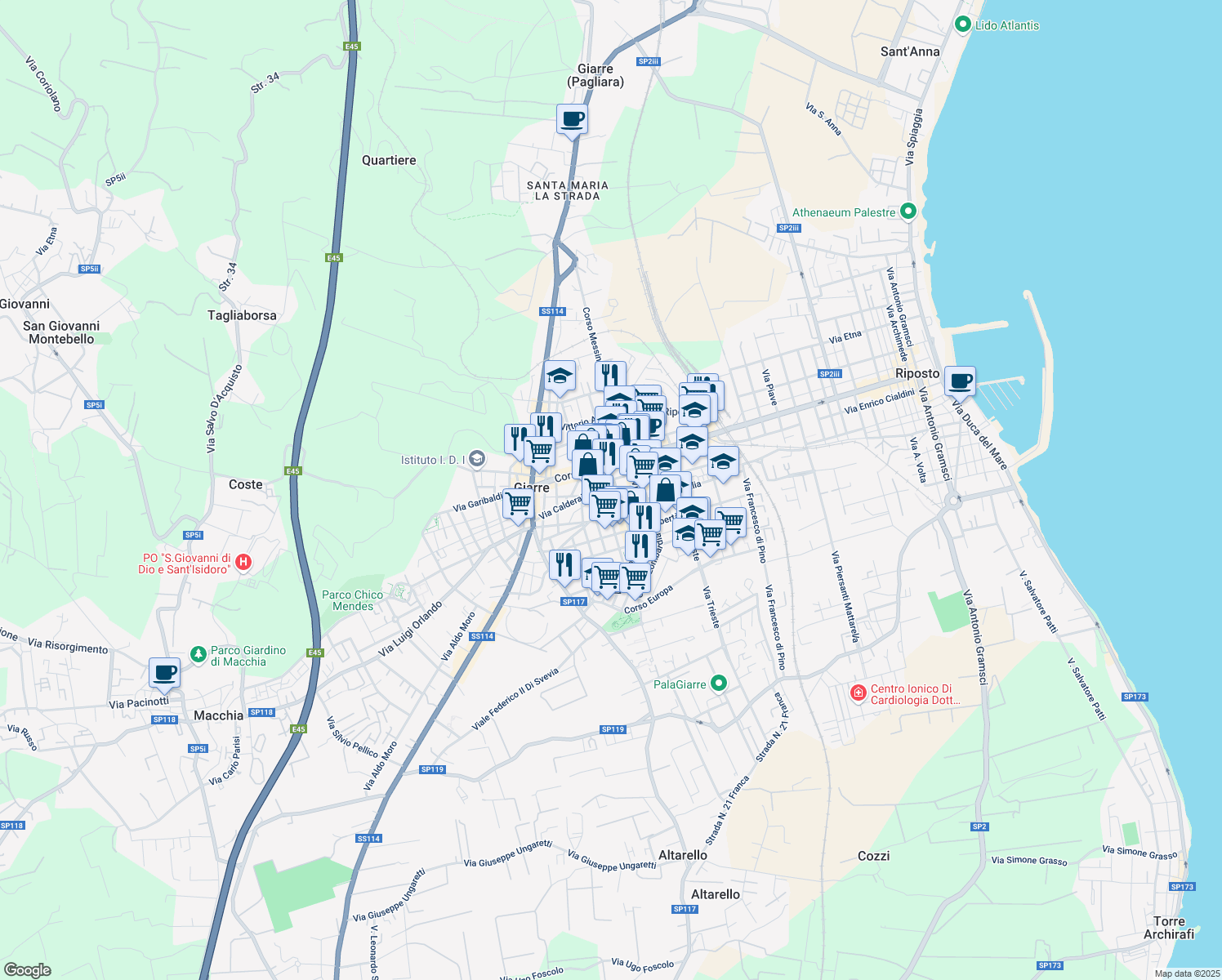 map of restaurants, bars, coffee shops, grocery stores, and more near 30 Via Alessandro Manzoni in Giarre