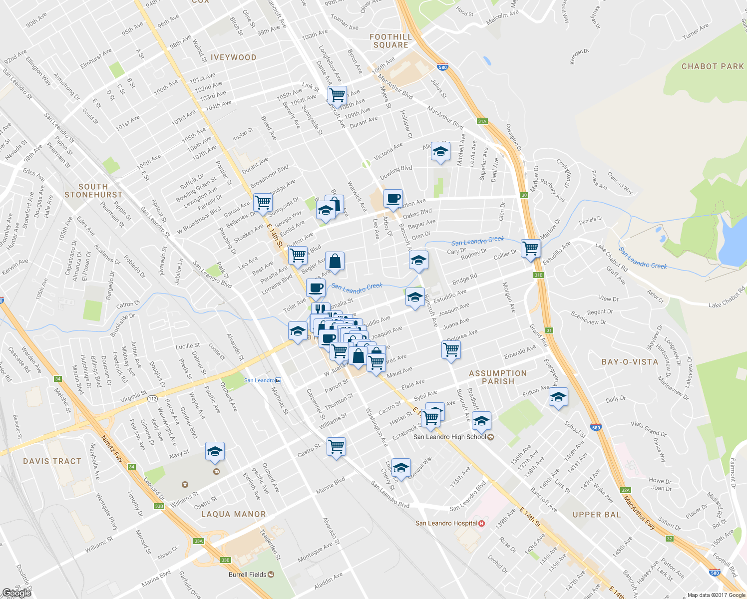 map of restaurants, bars, coffee shops, grocery stores, and more near 414 Callan Ave in San Leandro
