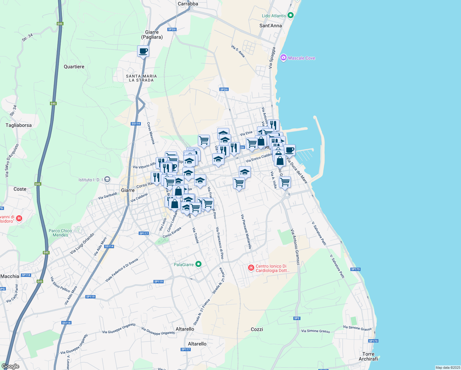 map of restaurants, bars, coffee shops, grocery stores, and more near 14 Via Pio la Torre in Riposto