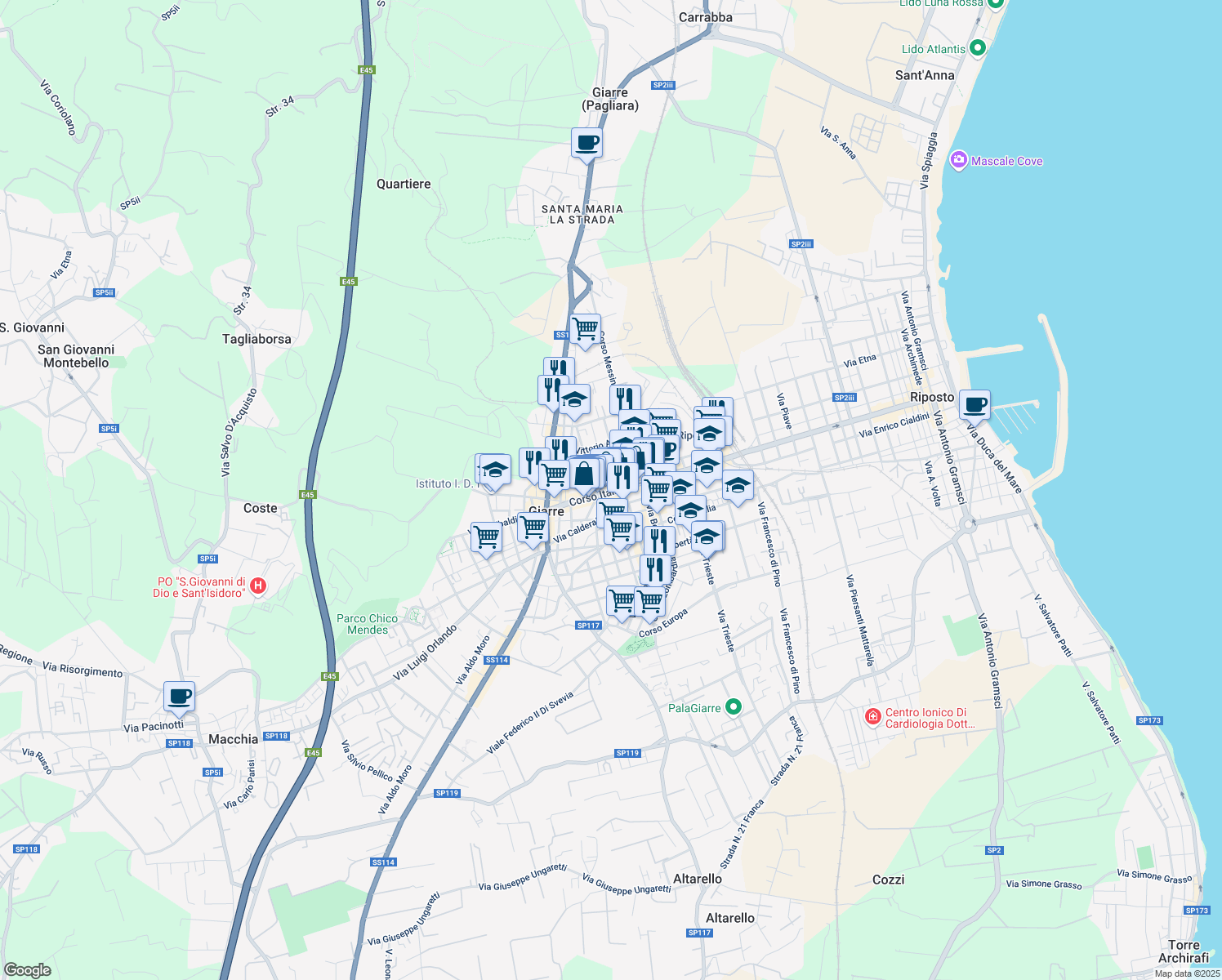 map of restaurants, bars, coffee shops, grocery stores, and more near 102 Corso Italia in Giarre