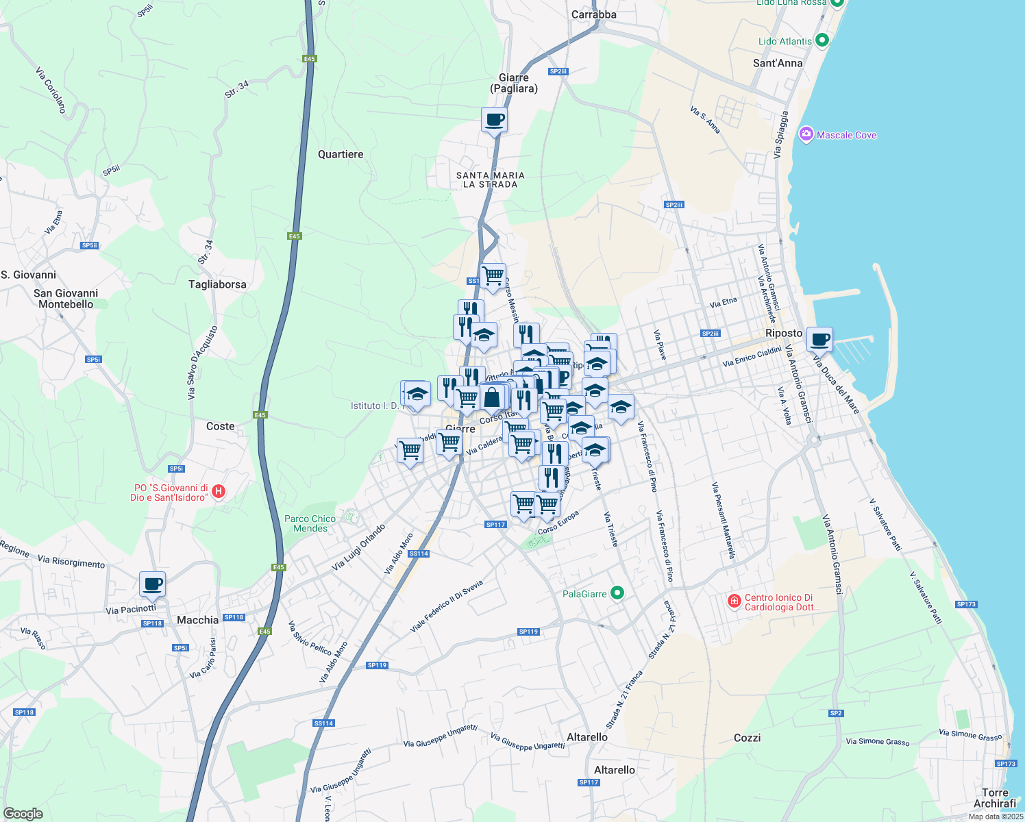 map of restaurants, bars, coffee shops, grocery stores, and more near 102 Corso Italia in Giarre