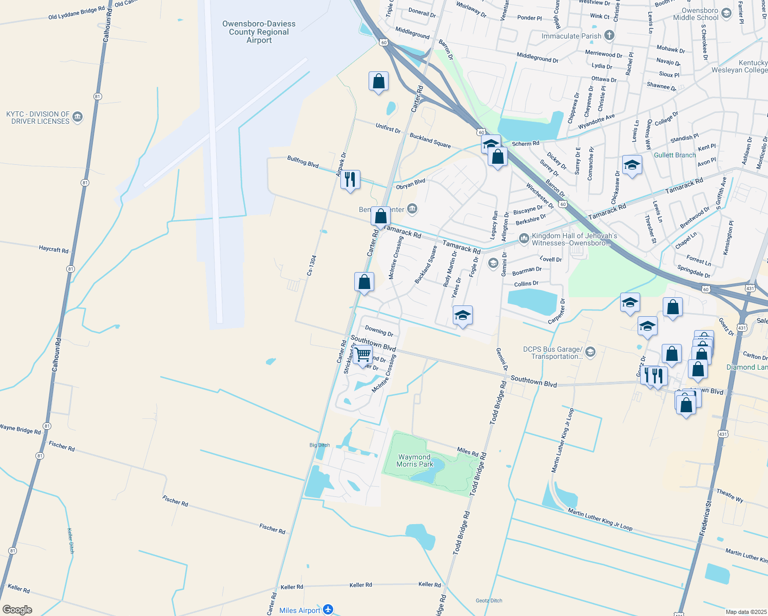 map of restaurants, bars, coffee shops, grocery stores, and more near 4233 Buckland Square in Owensboro
