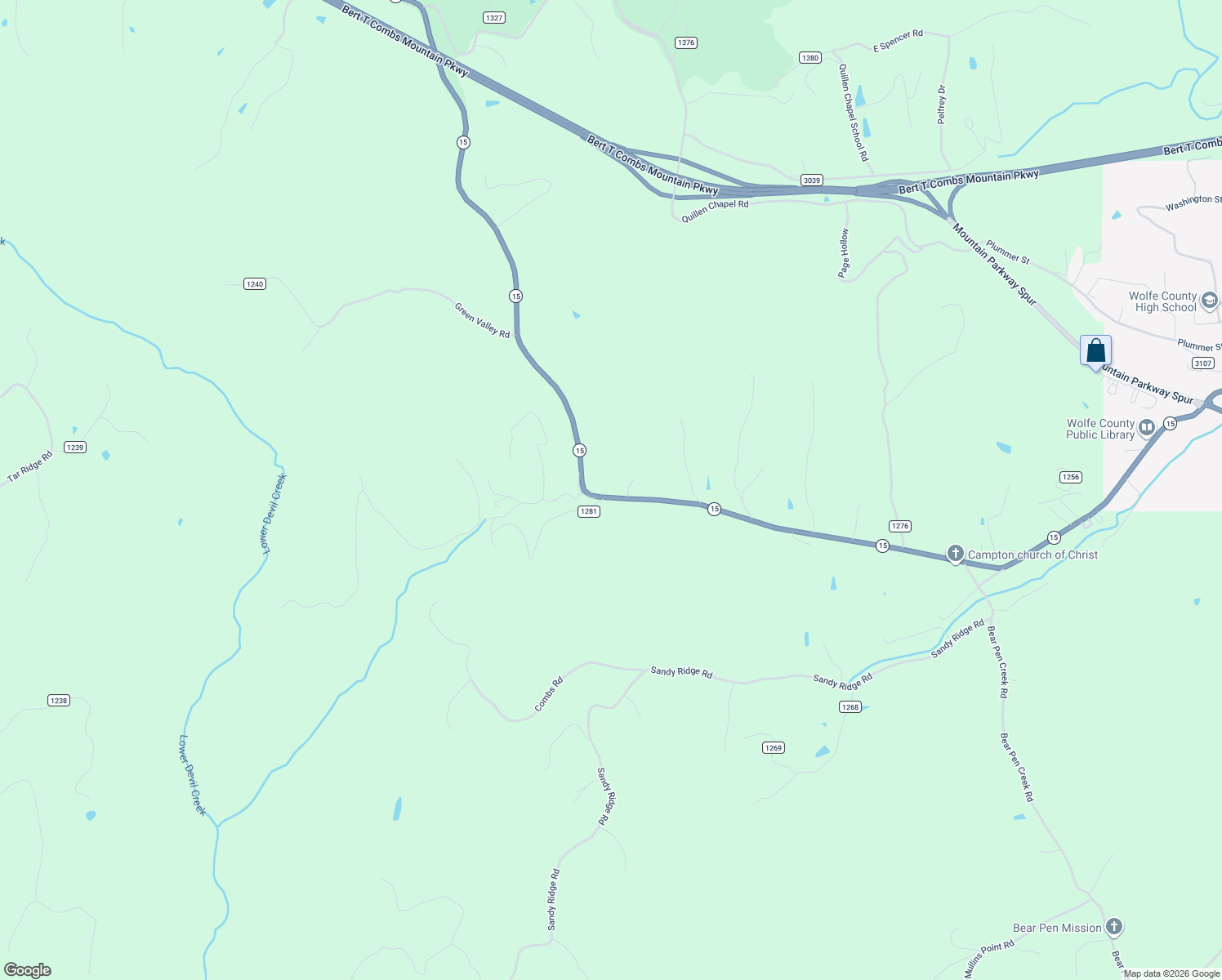 map of restaurants, bars, coffee shops, grocery stores, and more near 1875 Kentucky 15 in Campton