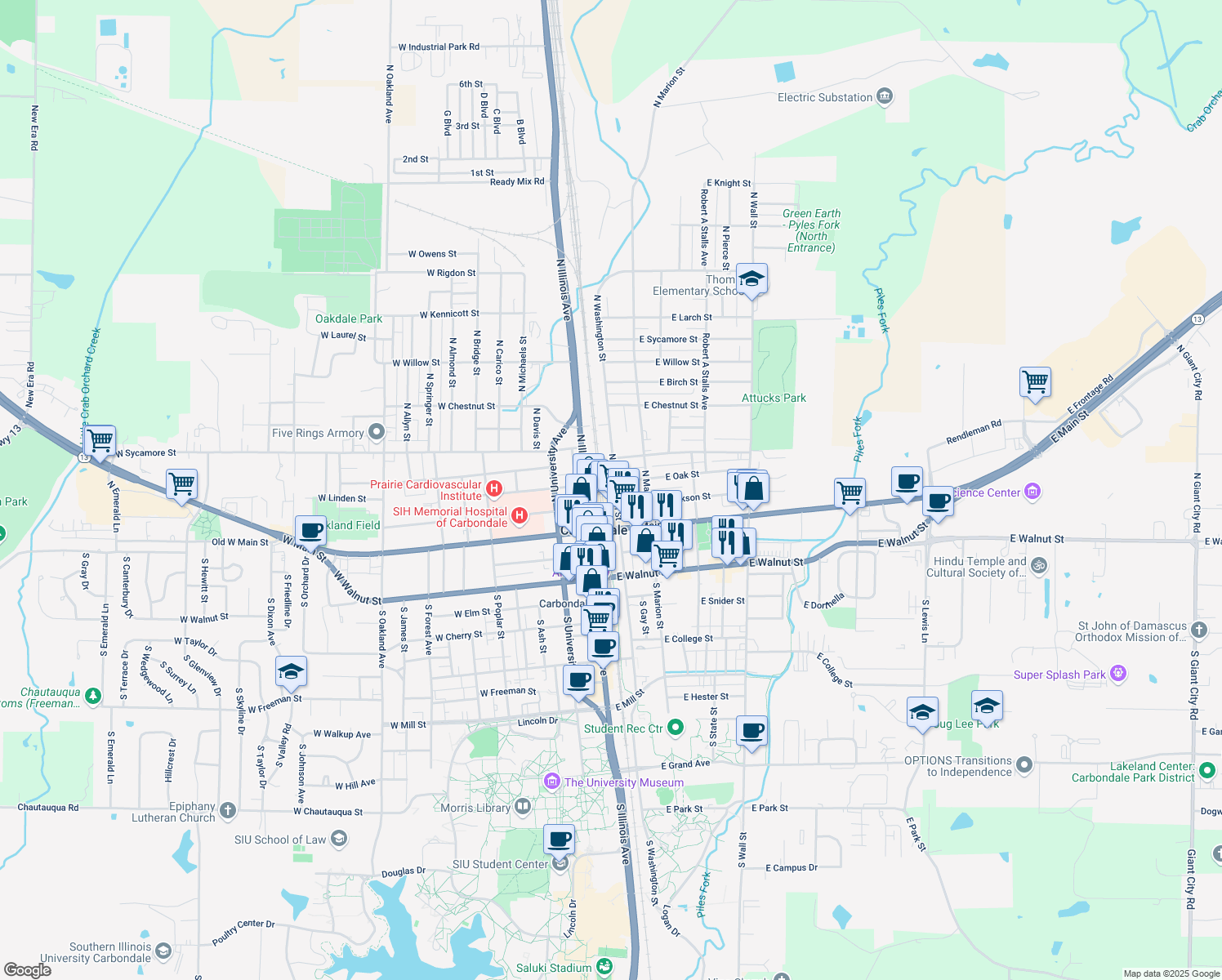 map of restaurants, bars, coffee shops, grocery stores, and more near 399 North Washington Street in Carbondale