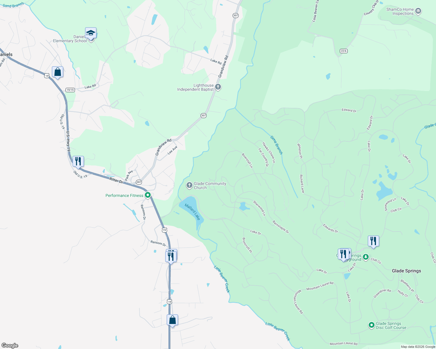 map of restaurants, bars, coffee shops, grocery stores, and more near 165 Fox Pen Way in Daniels