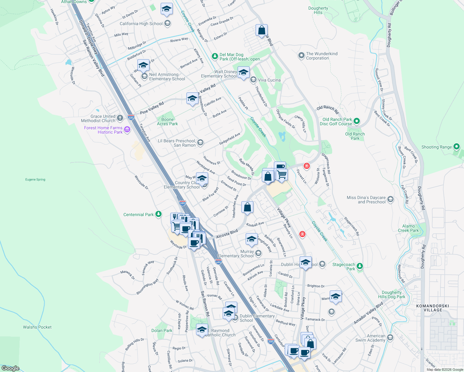 map of restaurants, bars, coffee shops, grocery stores, and more near 9560 Ernwood St in San Ramon